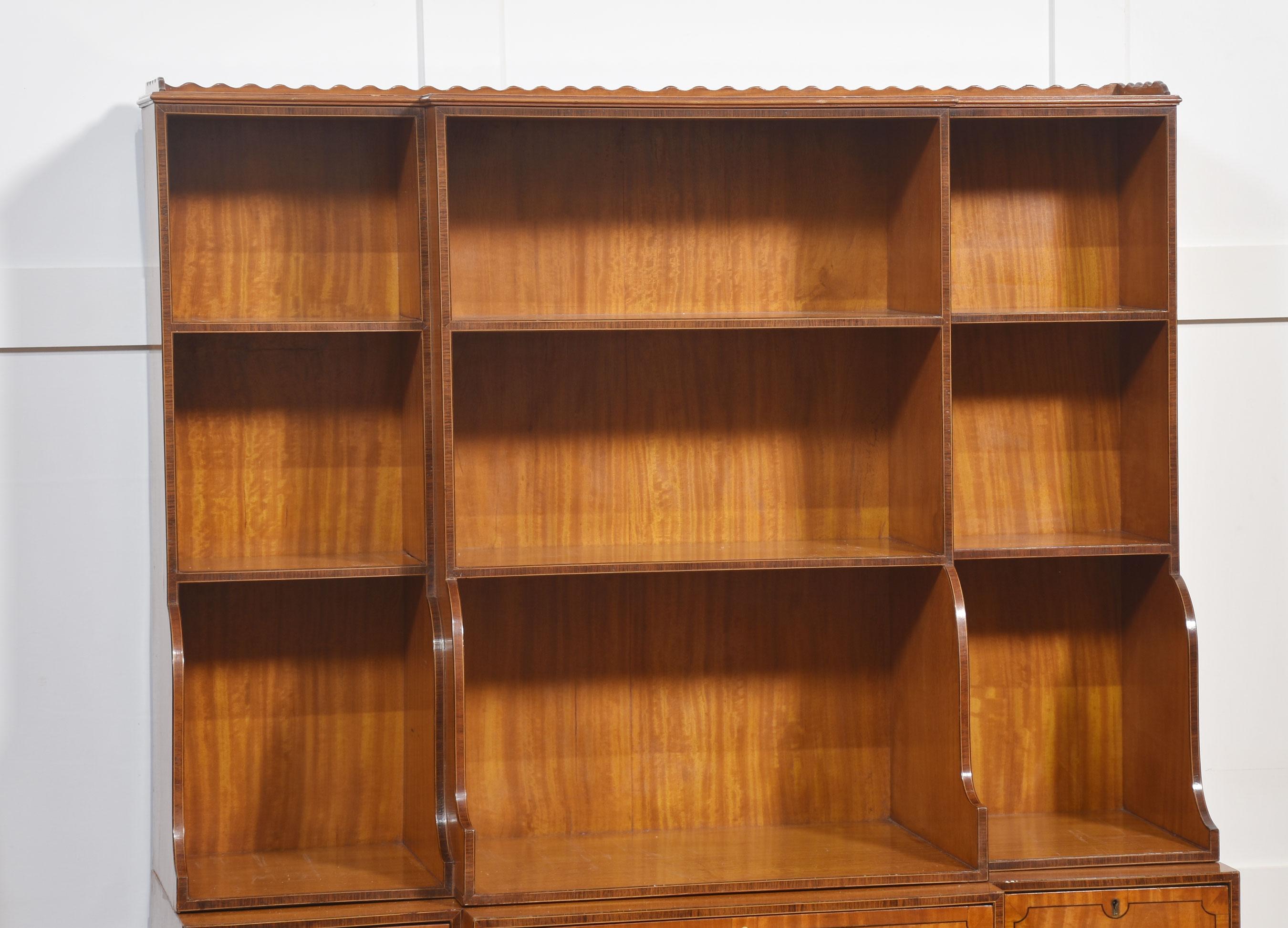 Pair of satinwood crossbanded open breakfront waterfall bookcases For Sale 2
