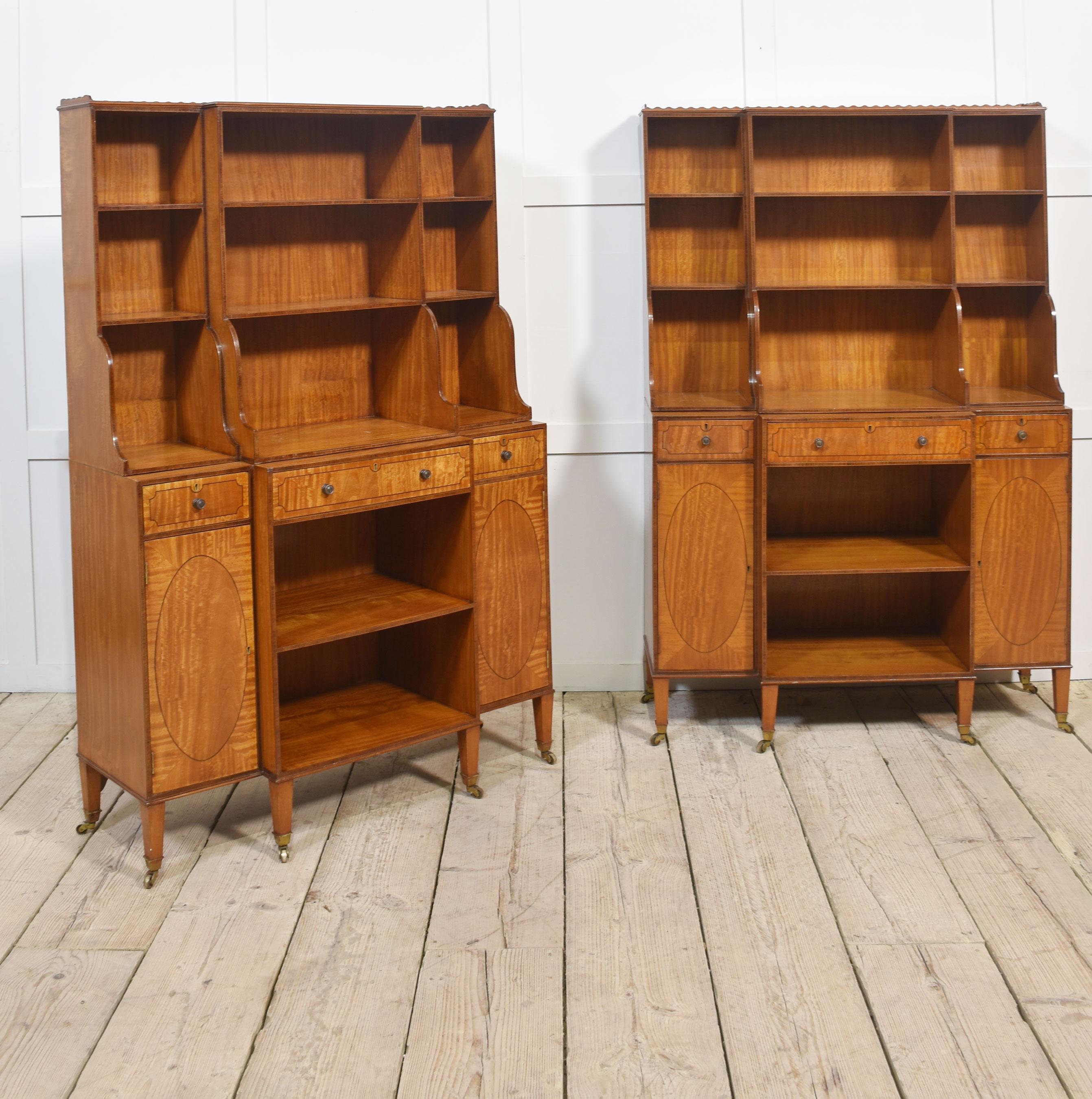 Pair of satinwood crossbanded open breakfront waterfall bookcases For Sale 3