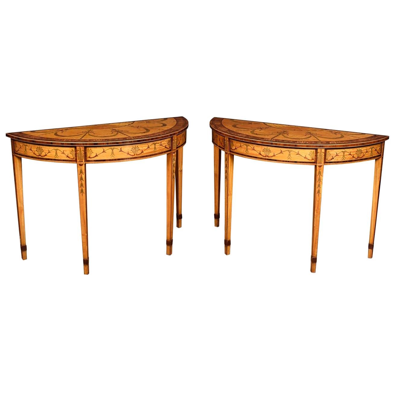 Pair of Satinwood Inlaid Neoclassical Style Demilune Console Tables