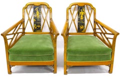 Pair of Satinwood Lounge Chairs in a Chinese-Chippendale-Style