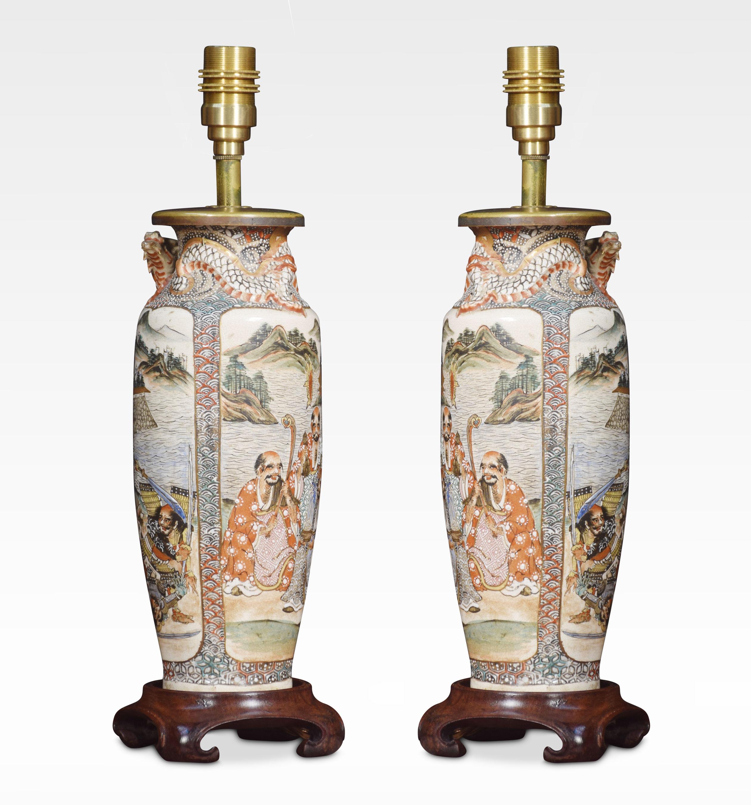 Japanese Pair of Satsuma Baluster-Shaped Vase Lamps For Sale