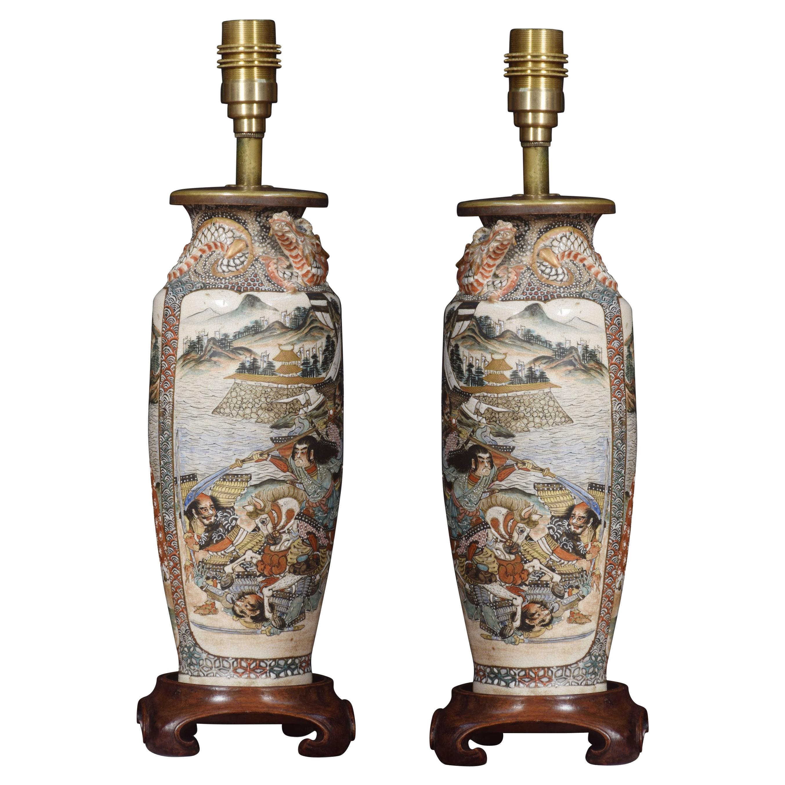 Pair of Satsuma Baluster-Shaped Vase Lamps For Sale