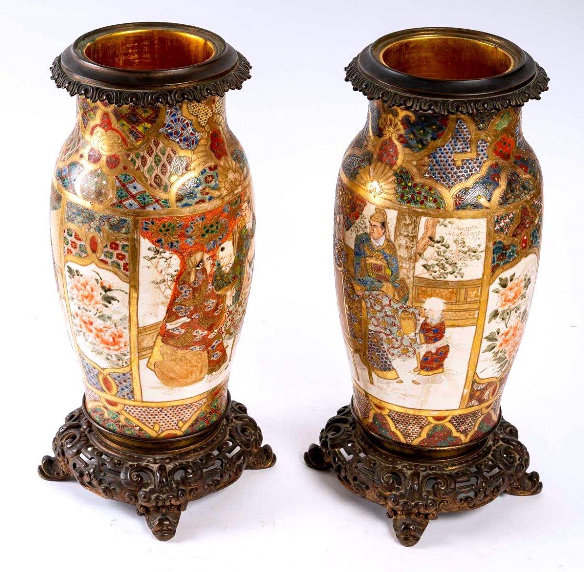 Asian Pair of Satsuma Ceramic Vases Mounted on French Bronze, Period: Meiji, 19th For Sale