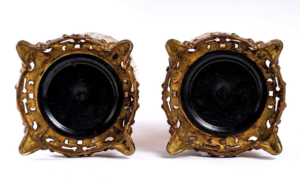 19th Century Pair of Satsuma Ceramic Vases Mounted on French Bronze, Period: Meiji, 19th For Sale