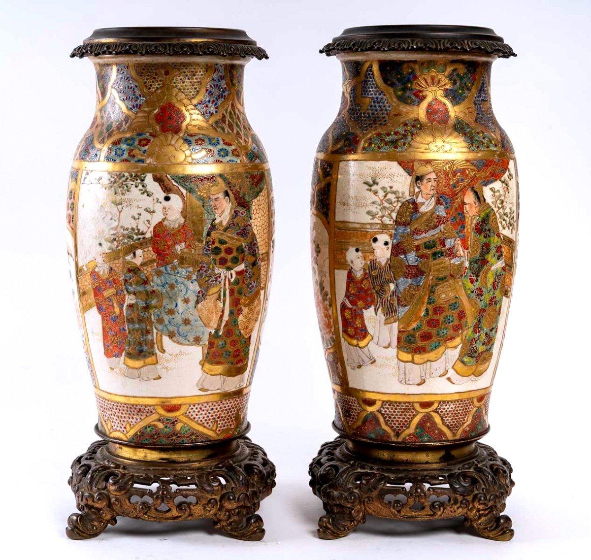 Pair of Satsuma Ceramic Vases Mounted on French Bronze, Period: Meiji, 19th For Sale 1