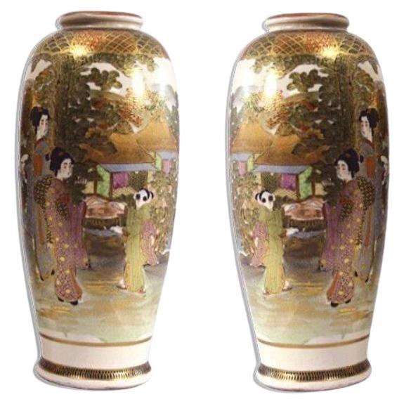 Pair of Satsuma Earthenware Vases For Sale