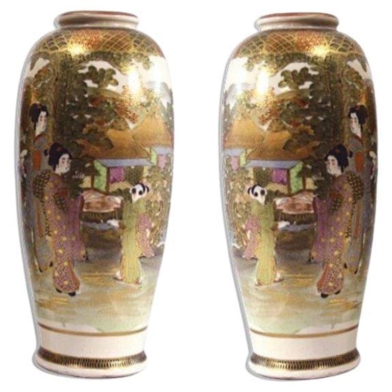 Pair of Satsuma Earthenware Vases For Sale at 1stDibs