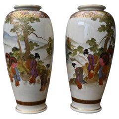 Pair Of Satsuma Earthenware Vases "zenkozan" Japan, Meiji Period