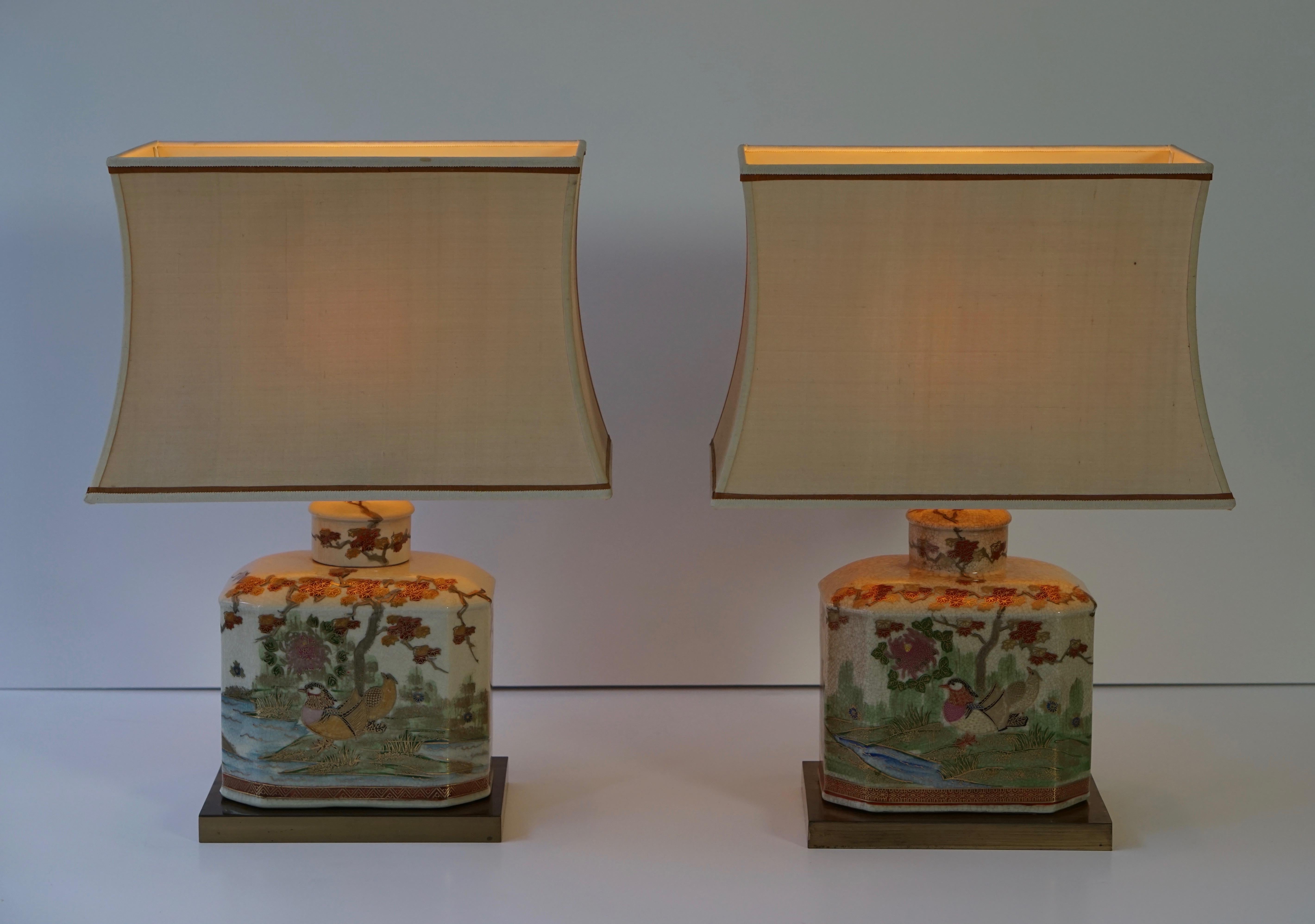 Pair of Satsuma Japanese Lamp Vases with Brass Base 6