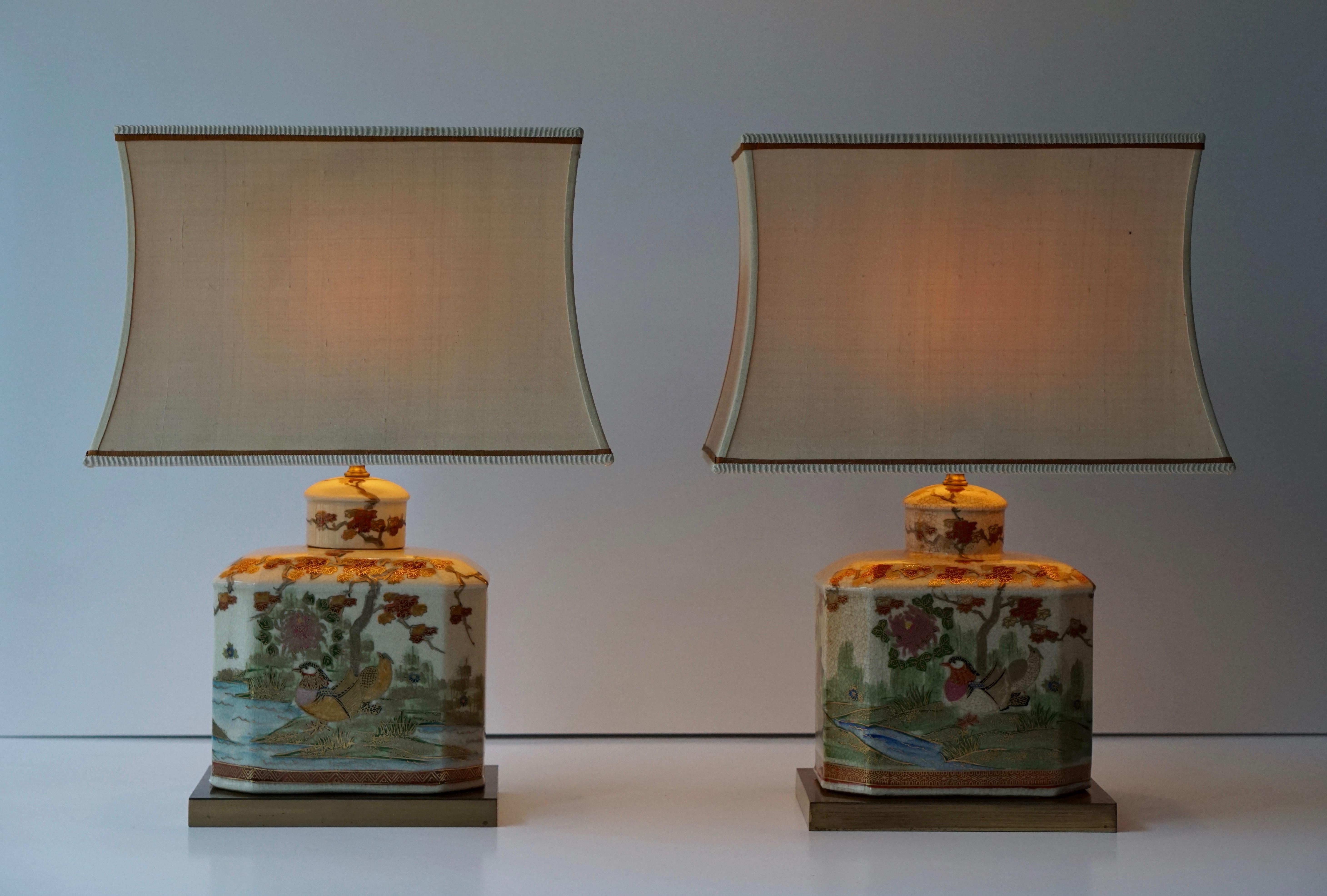Pair of Satsuma Japanese Lamp Vases with Brass Base 7