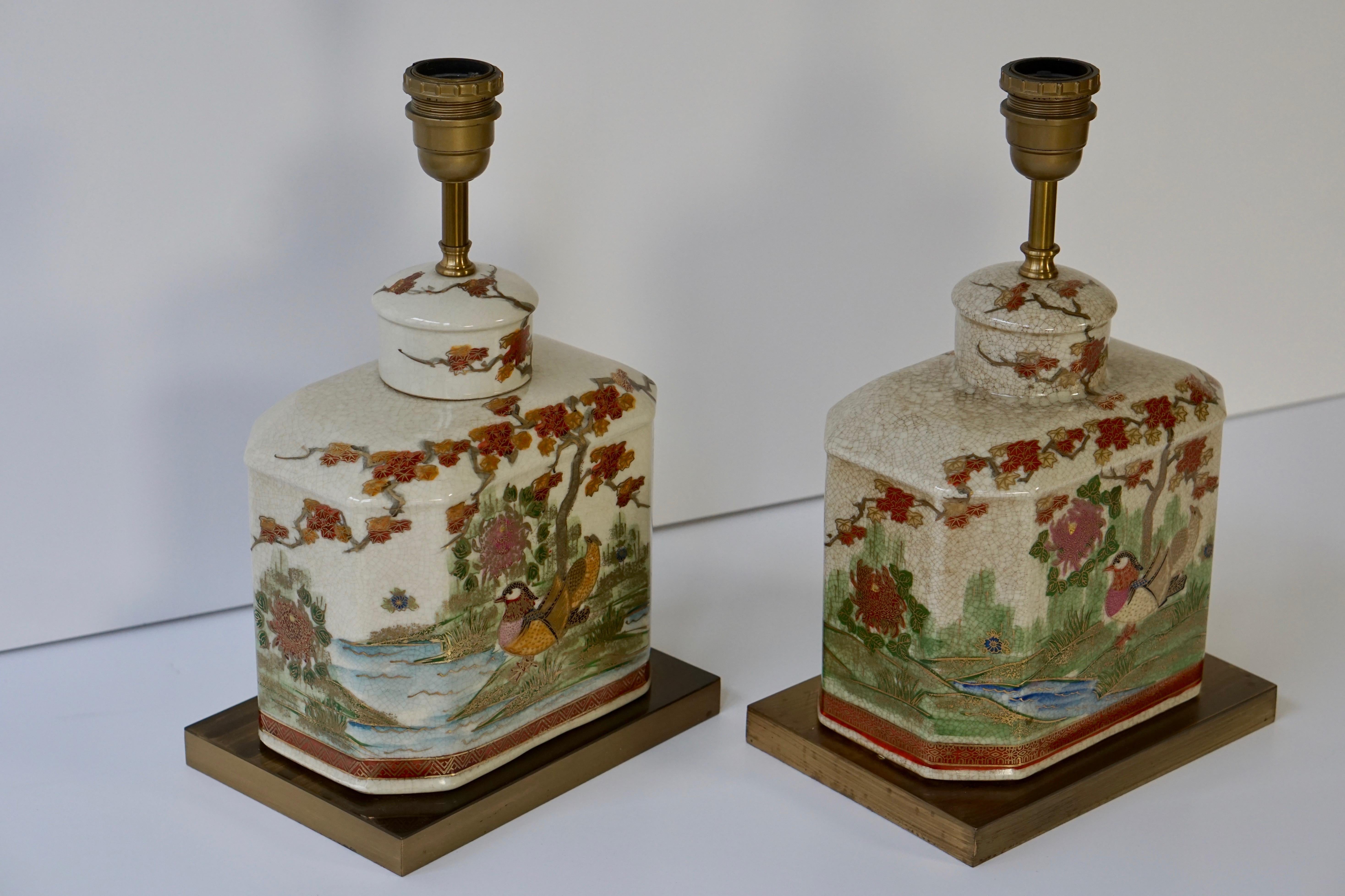 Pair of Satsuma Japanese Lamp Vases with Brass Base 8