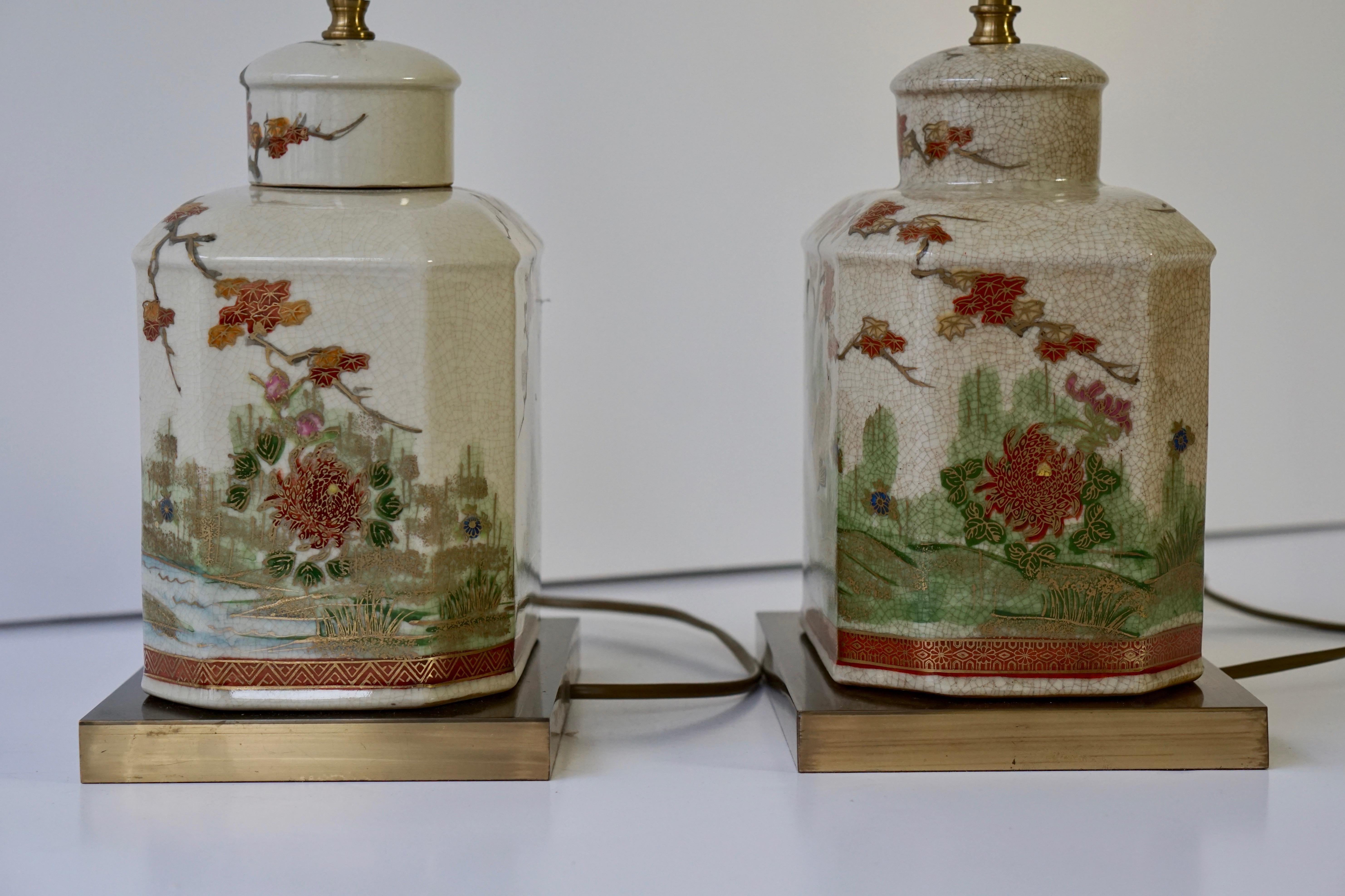 Pair of Satsuma Japanese Lamp Vases with Brass Base 9