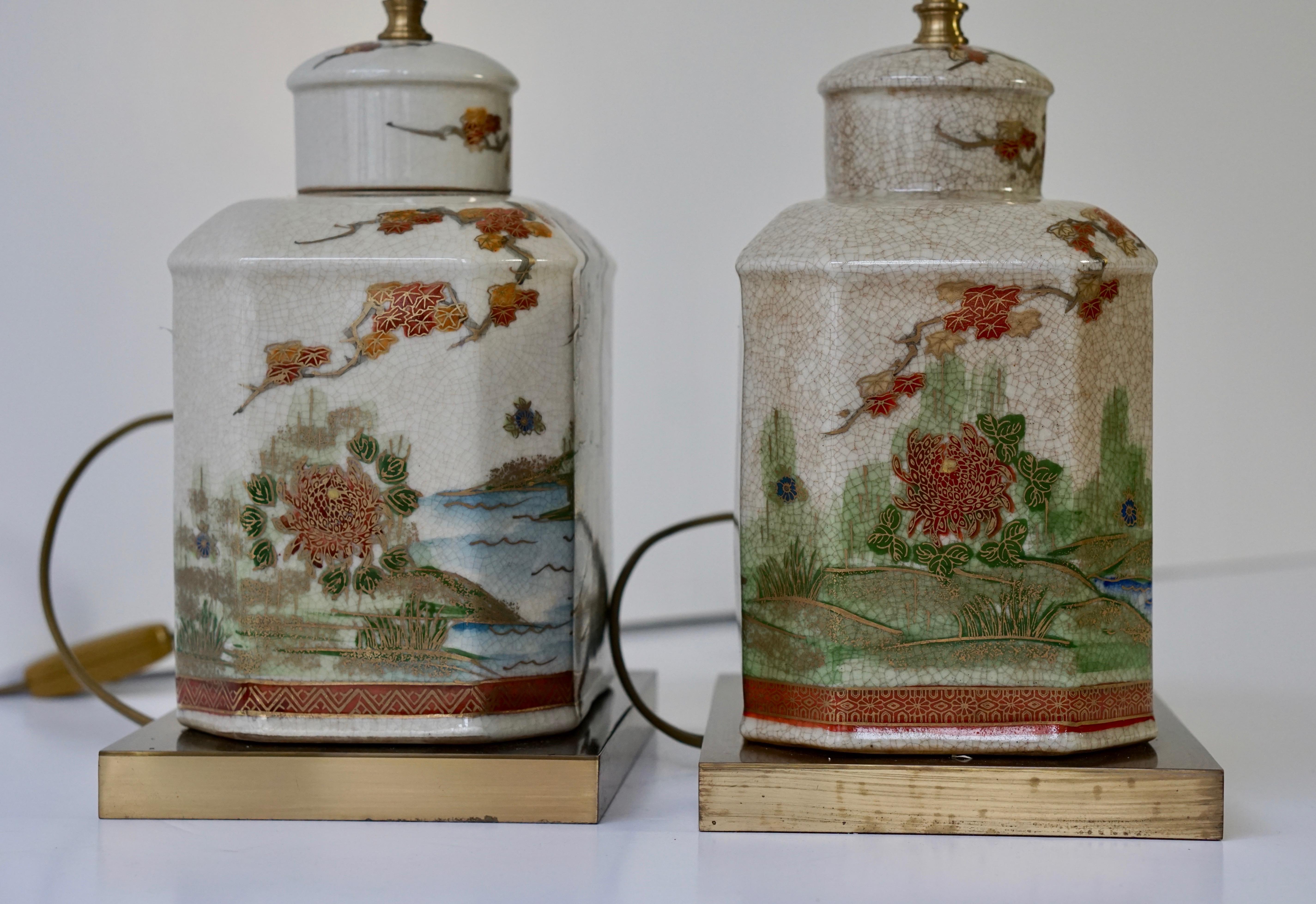 Pair of Satsuma Japanese Lamp Vases with Brass Base 10