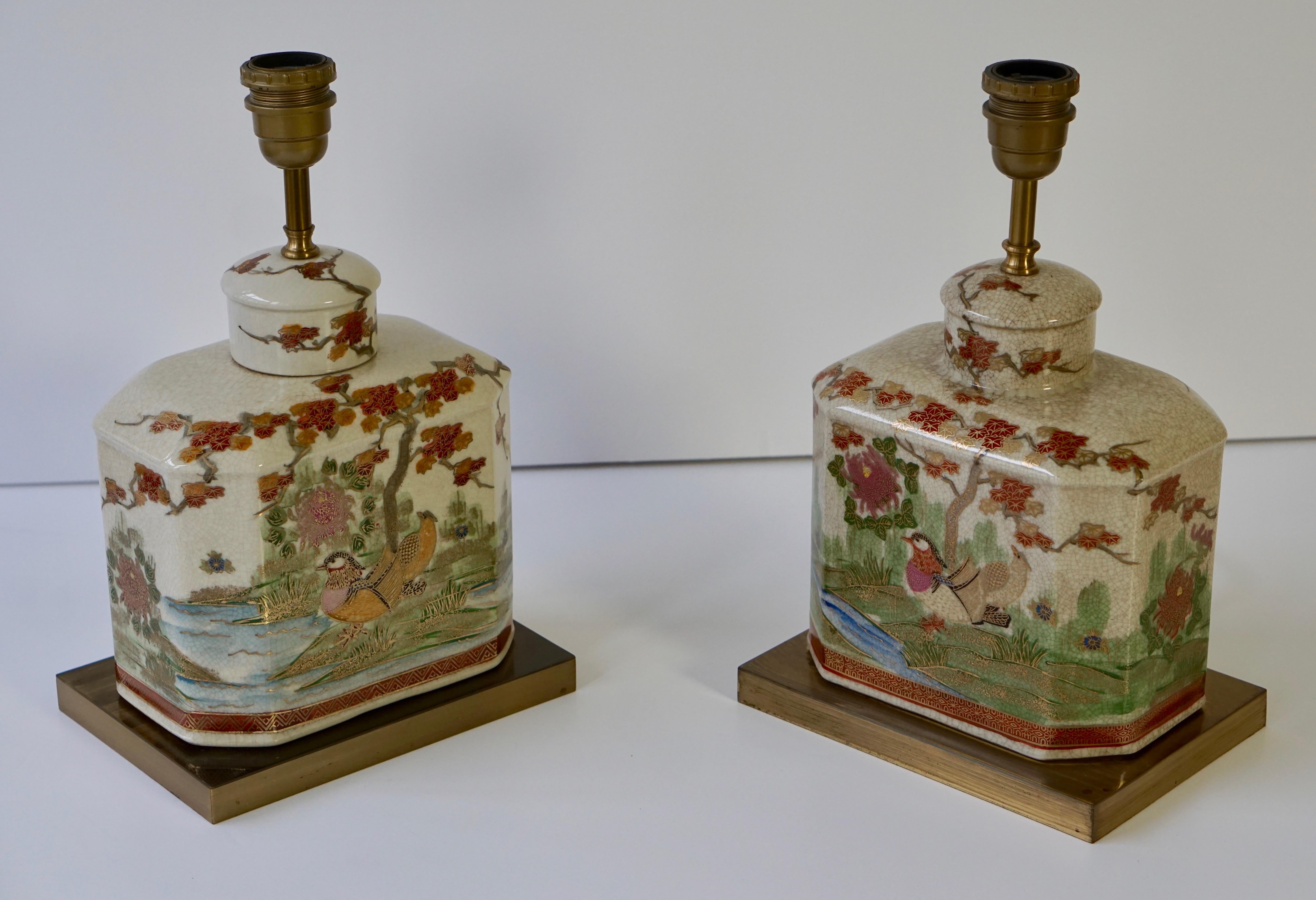 Pair of Satsuma Japanese Lamp Vases with Brass Base 11