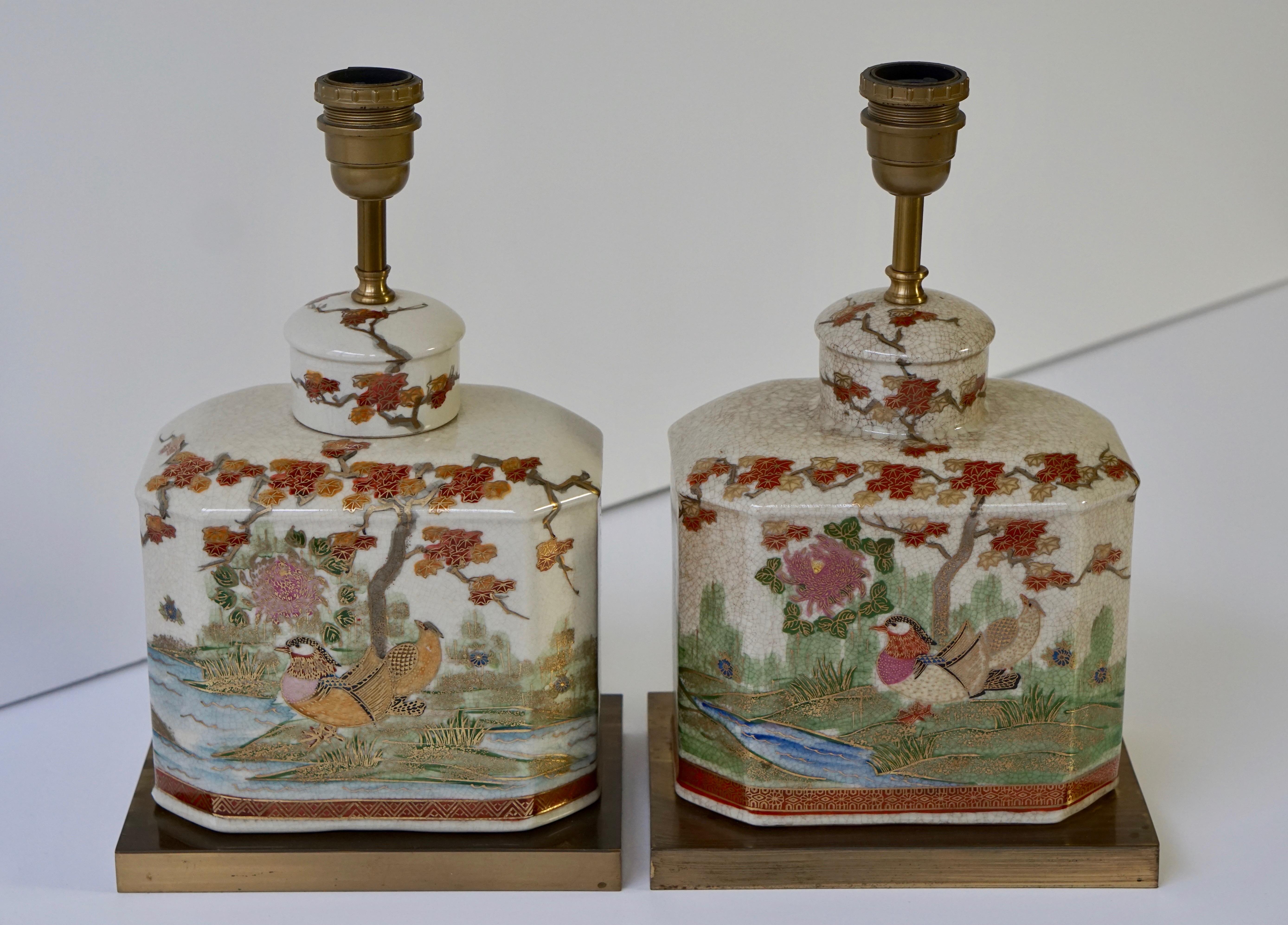 Pair of Satsuma Japanese Lamp Vases with Brass Base 12