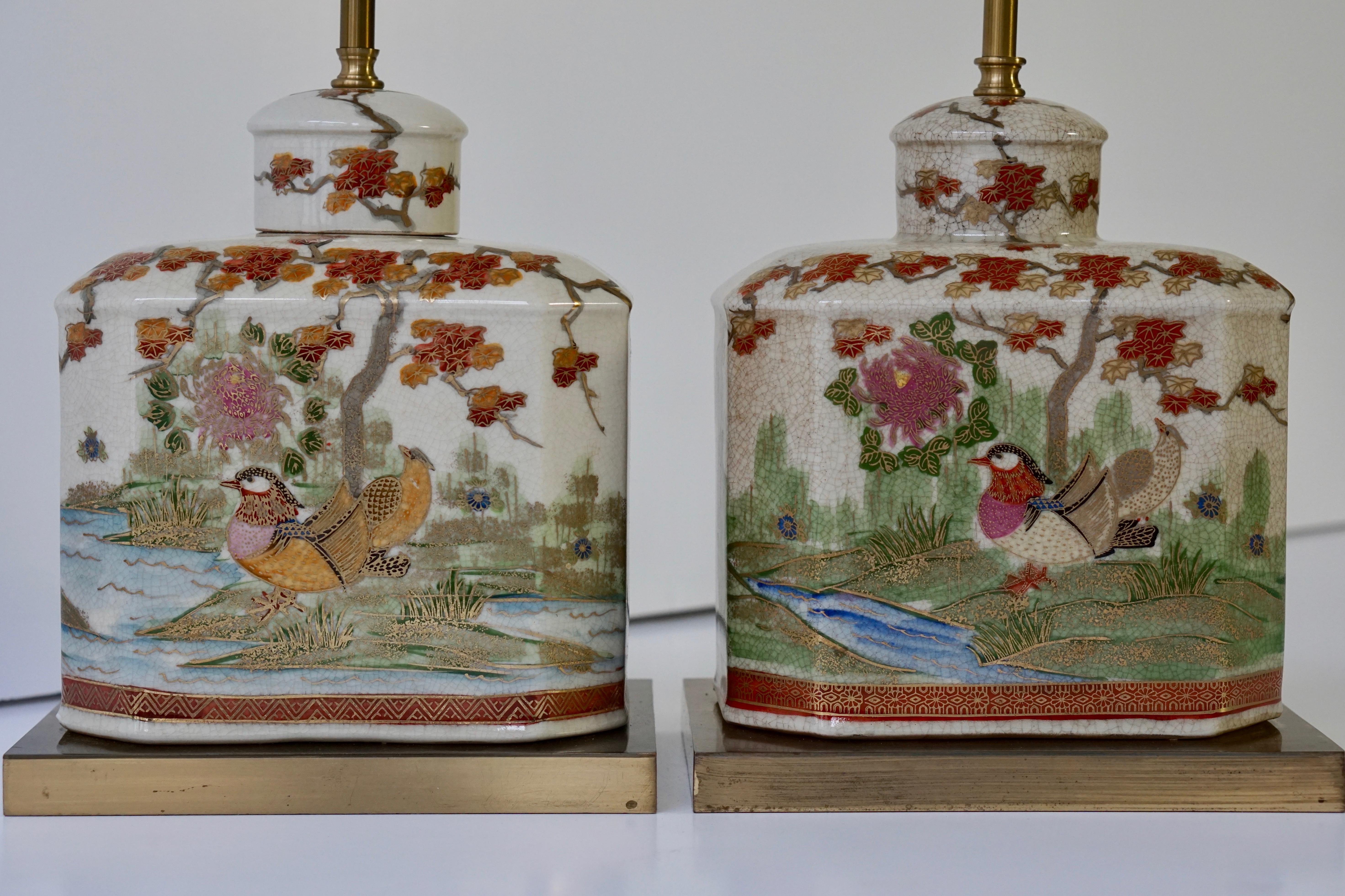 Pair of Satsuma Japanese Lamp Vases with Brass Base 13