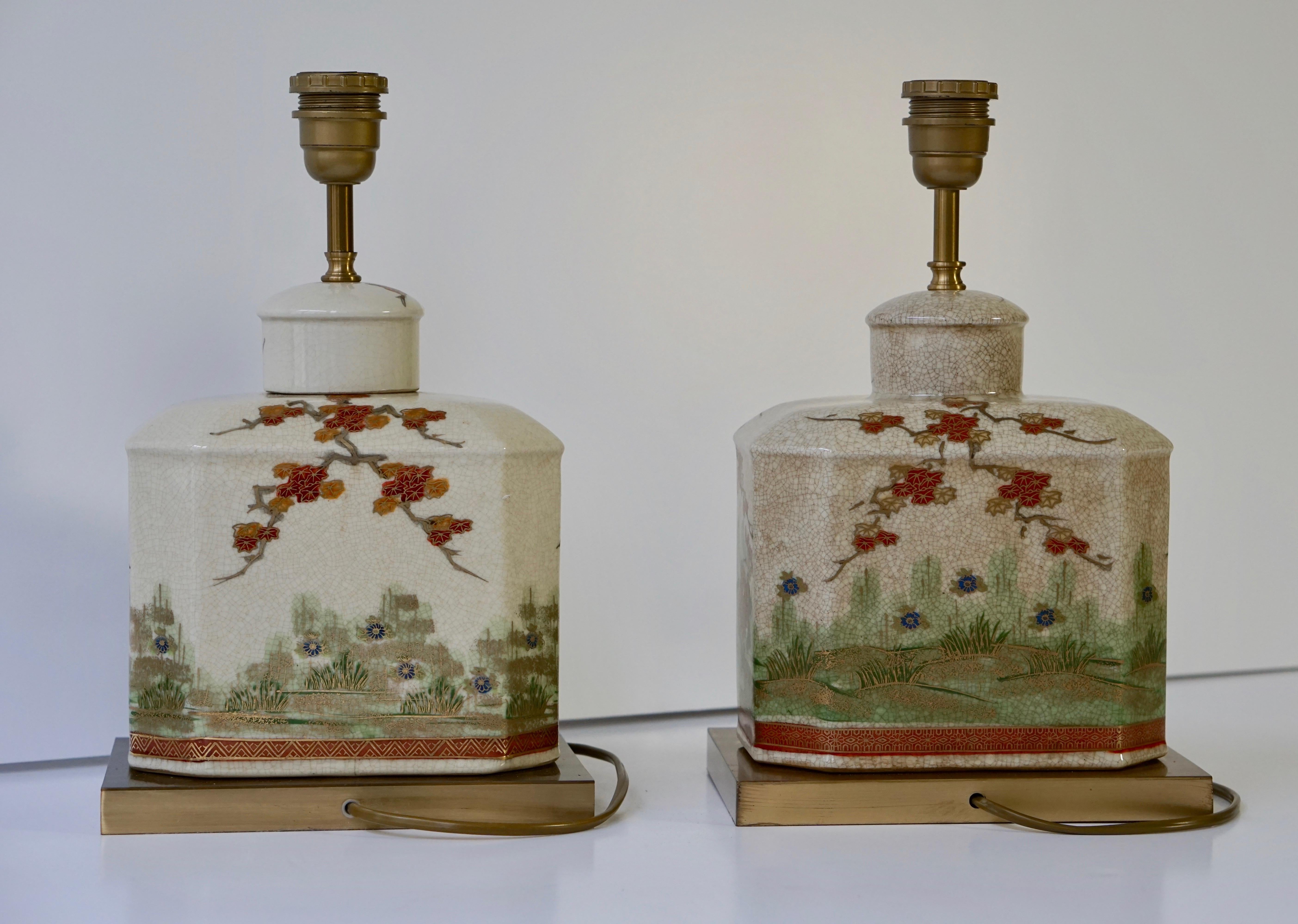 Pair of Satsuma Japanese Lamp Vases with Brass Base 14