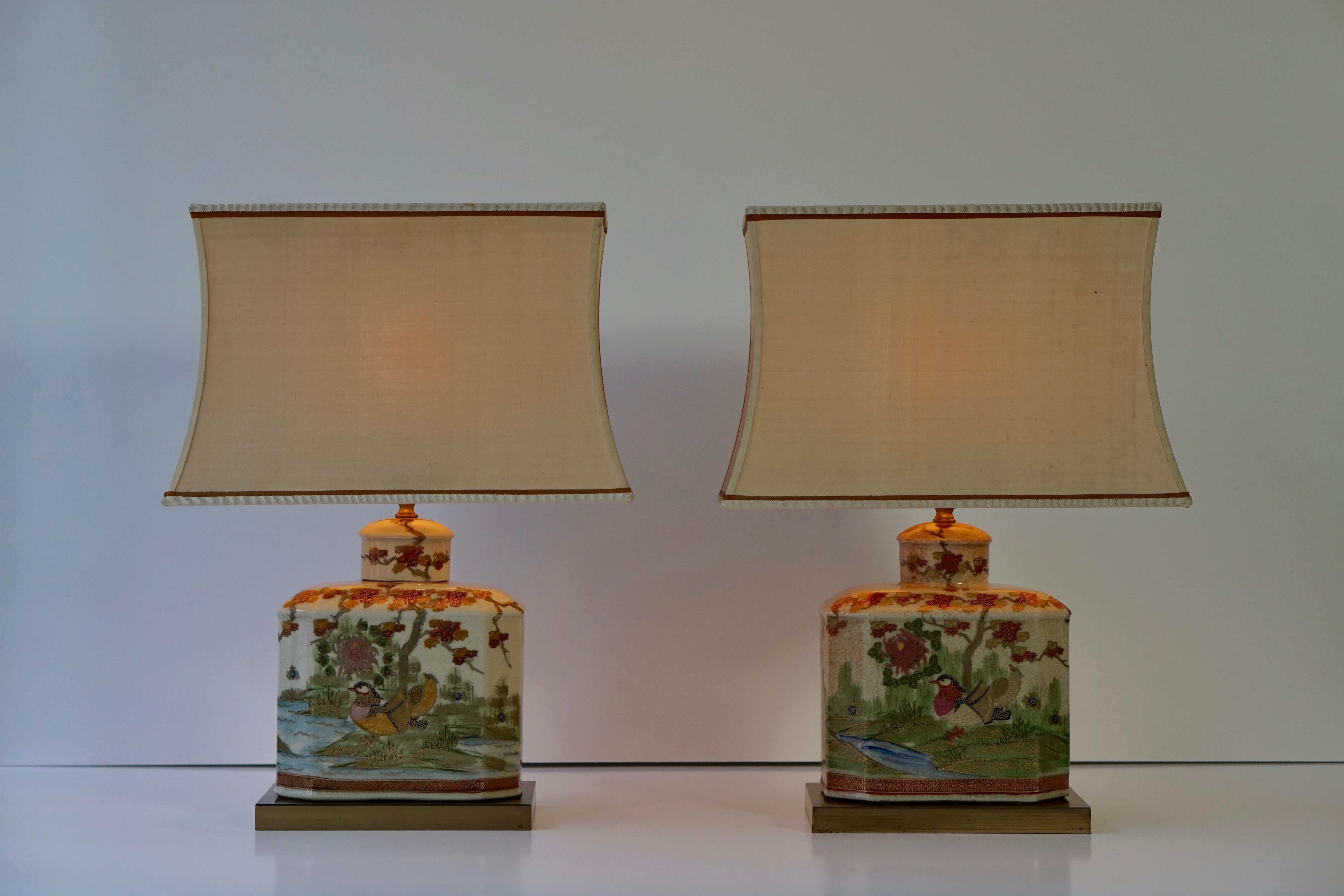 Hollywood Regency Pair of Satsuma Japanese Lamp Vases with Brass Base