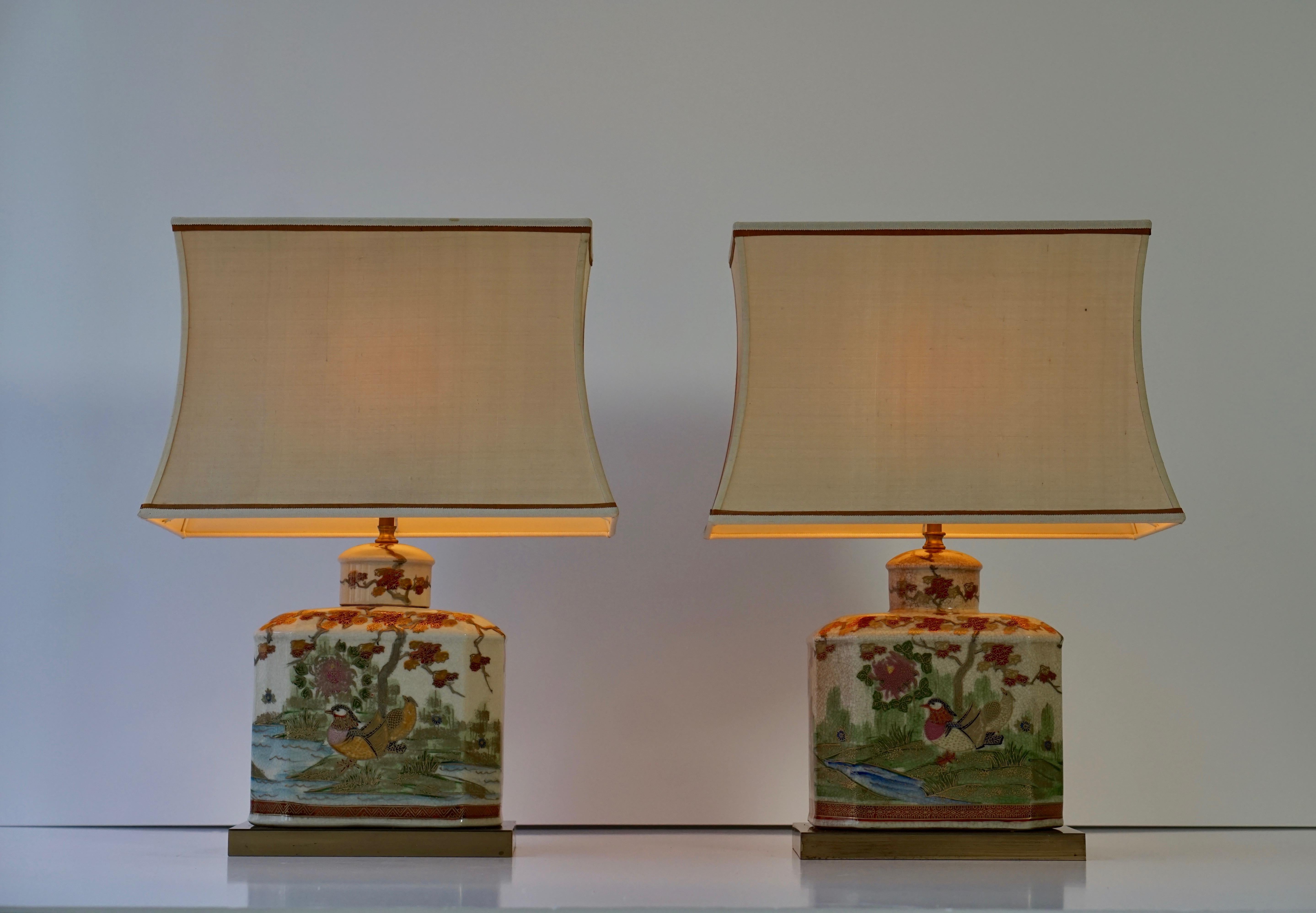 Italian Pair of Satsuma Japanese Lamp Vases with Brass Base