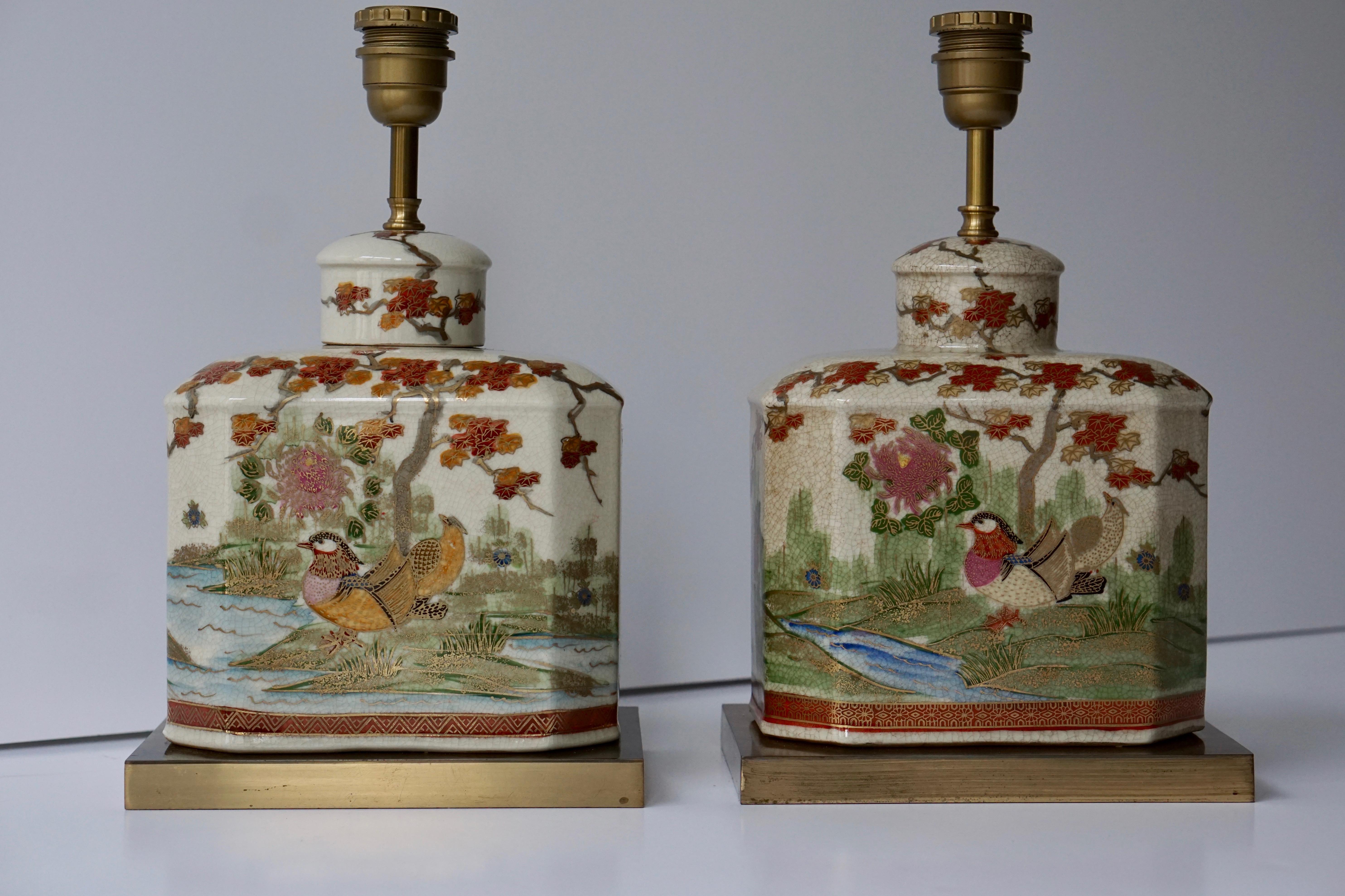 Pair of Satsuma Japanese Lamp Vases with Brass Base In Good Condition In Antwerp, BE
