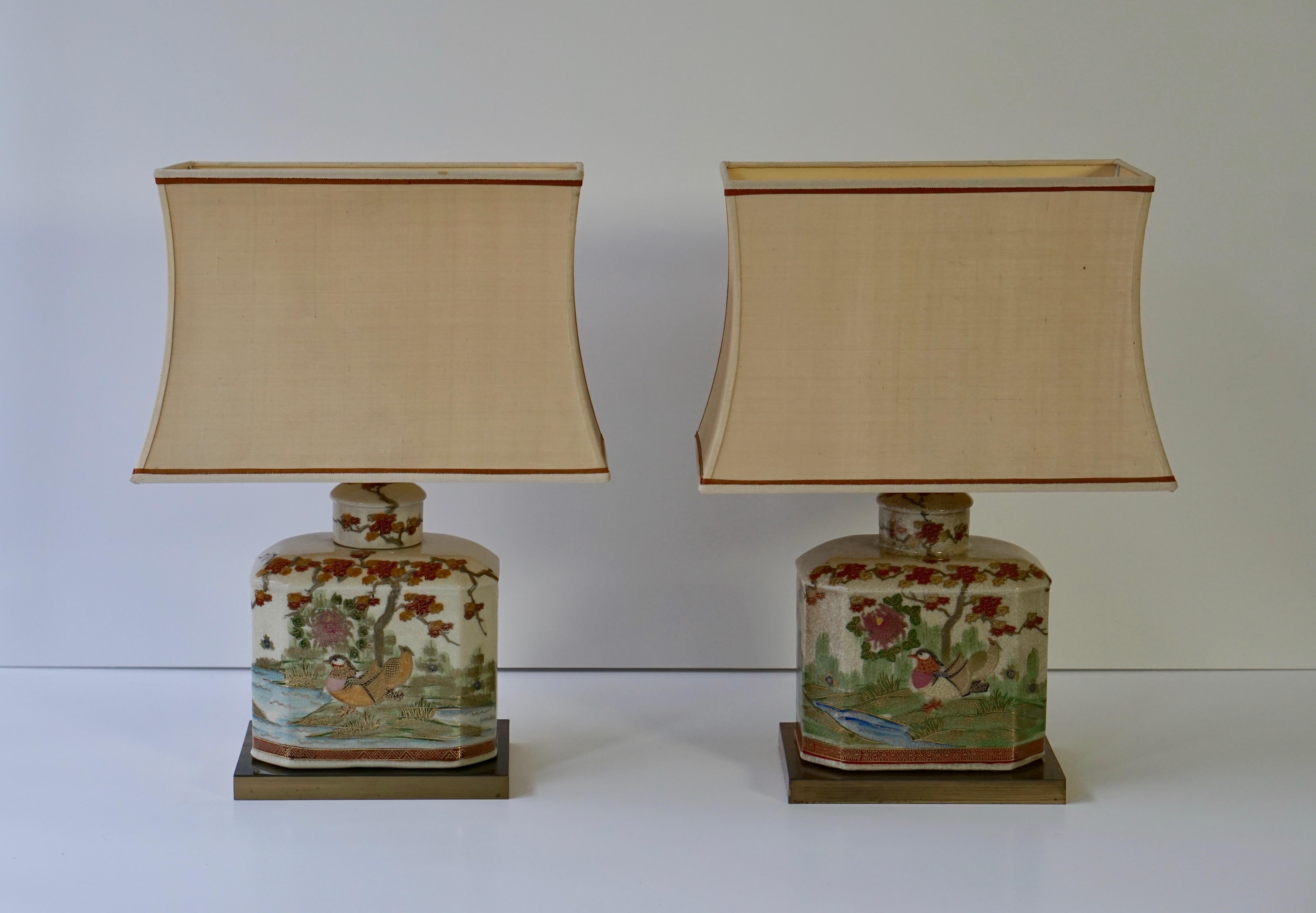 20th Century Pair of Satsuma Japanese Lamp Vases with Brass Base