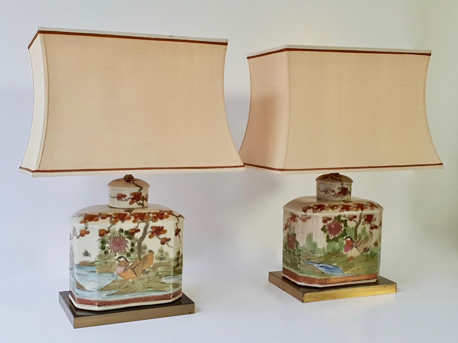 Pair of Satsuma Japanese Lamp Vases with Brass Base 1