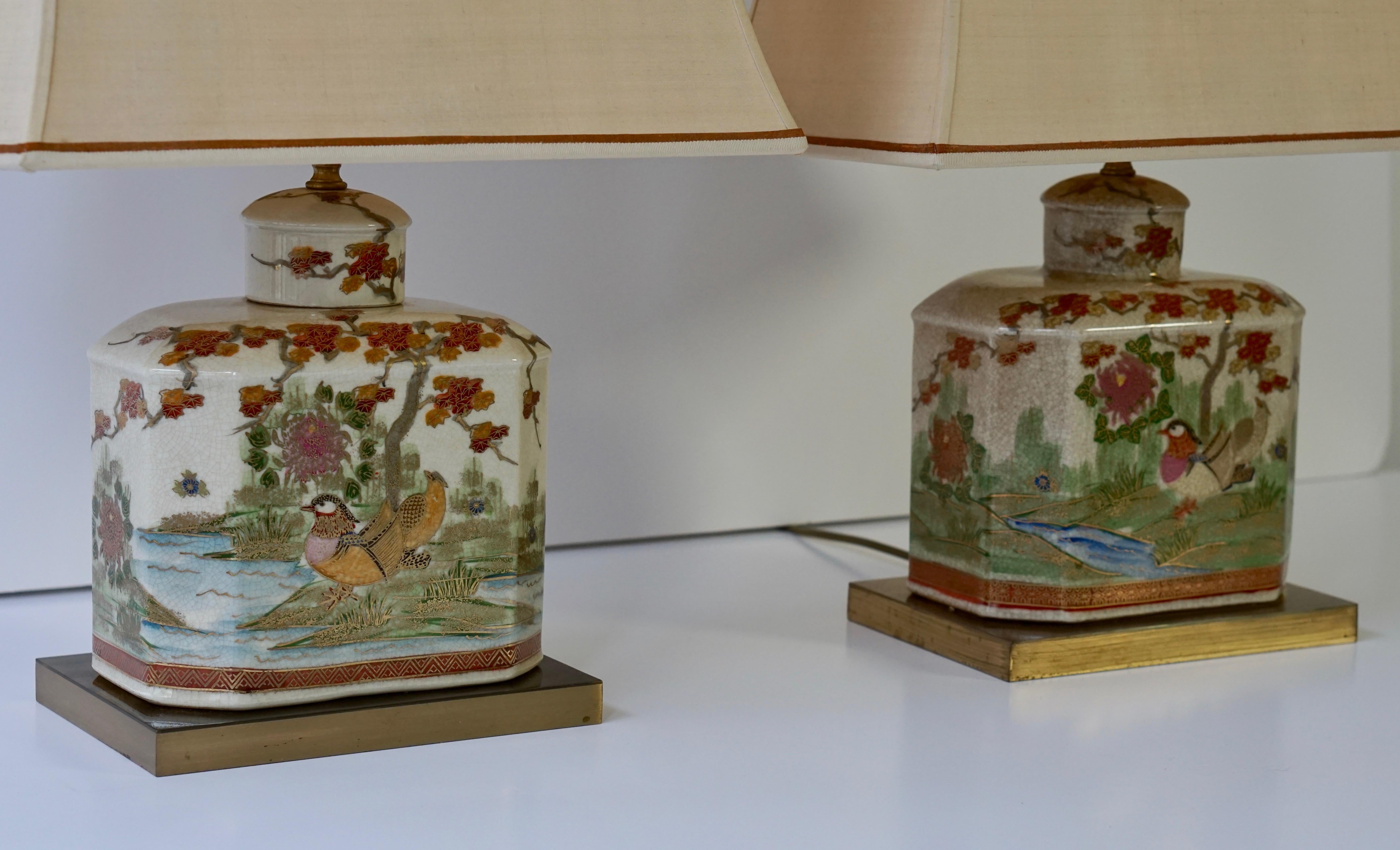 Pair of Satsuma Japanese Lamp Vases with Brass Base 2