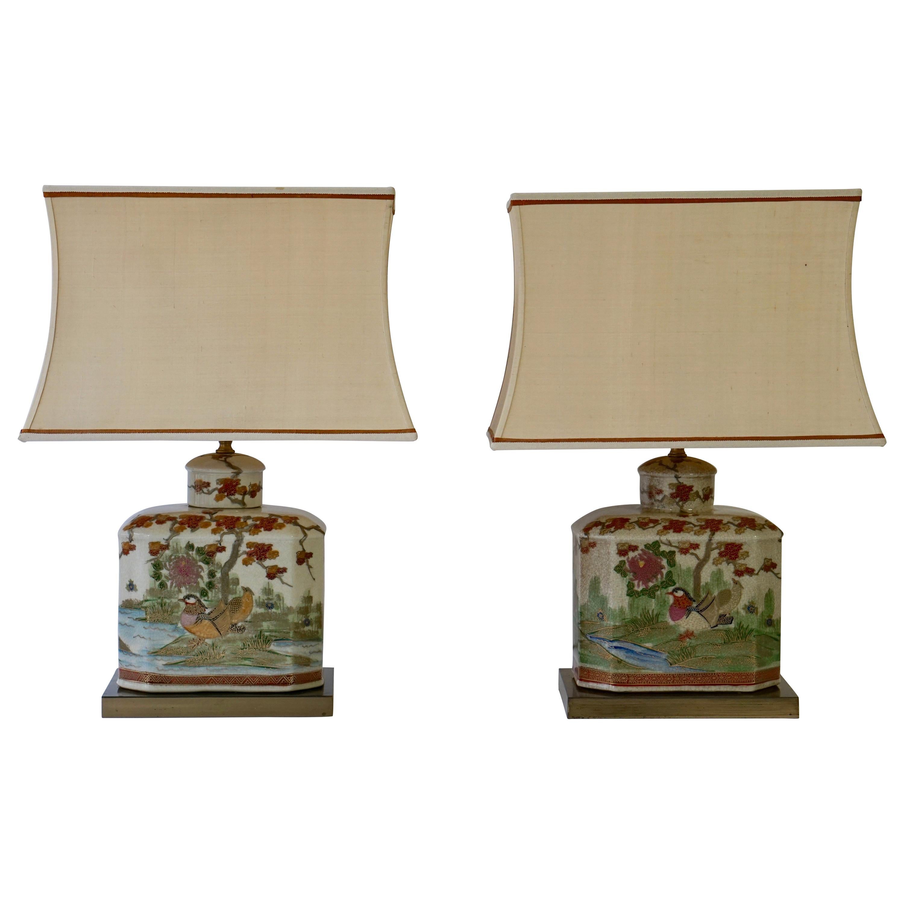 Pair of Satsuma Japanese Lamp Vases with Brass Base