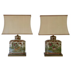 Retro Pair of Satsuma Japanese Lamp Vases with Brass Base