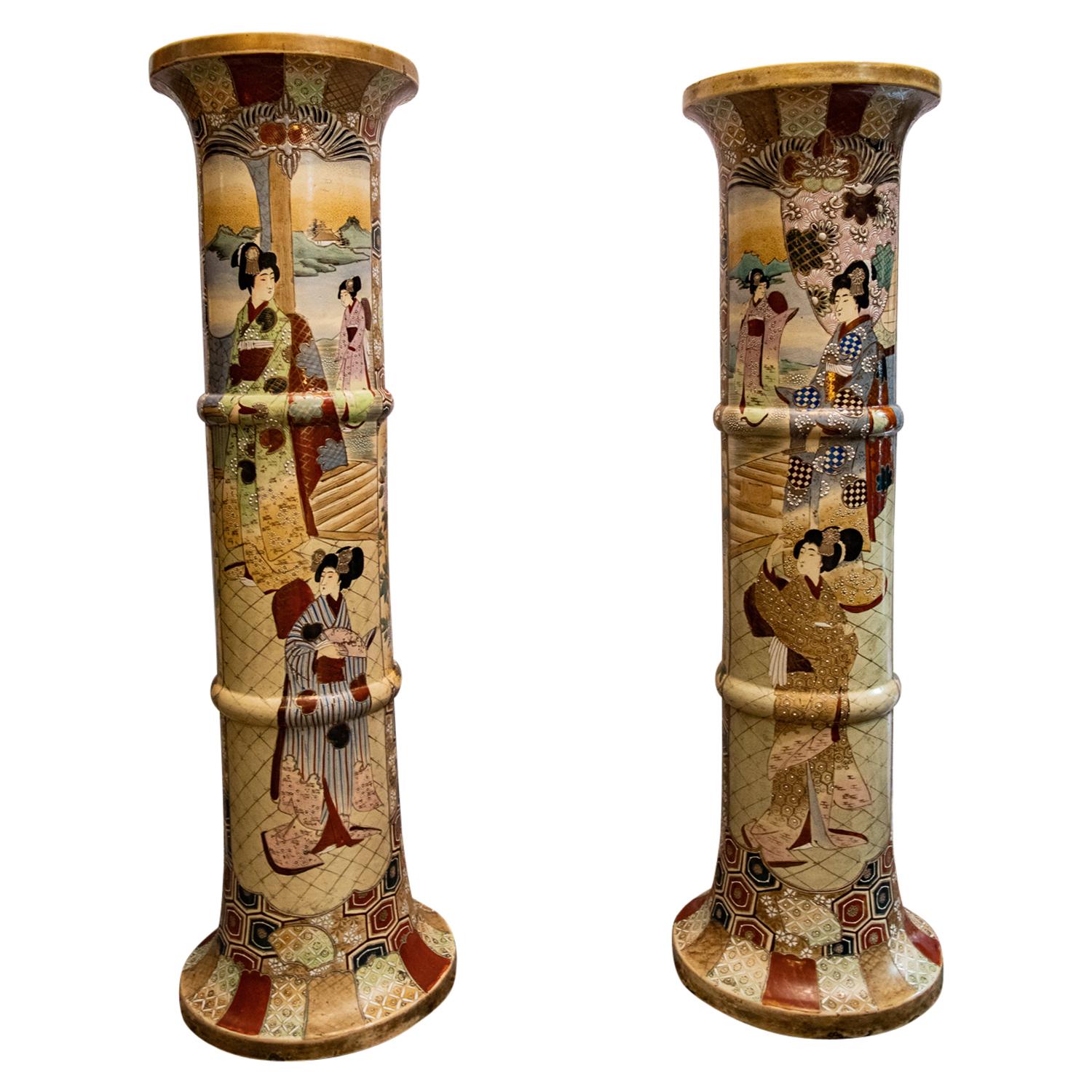 Pair of Satsuma Pedestals, 20th Century For Sale