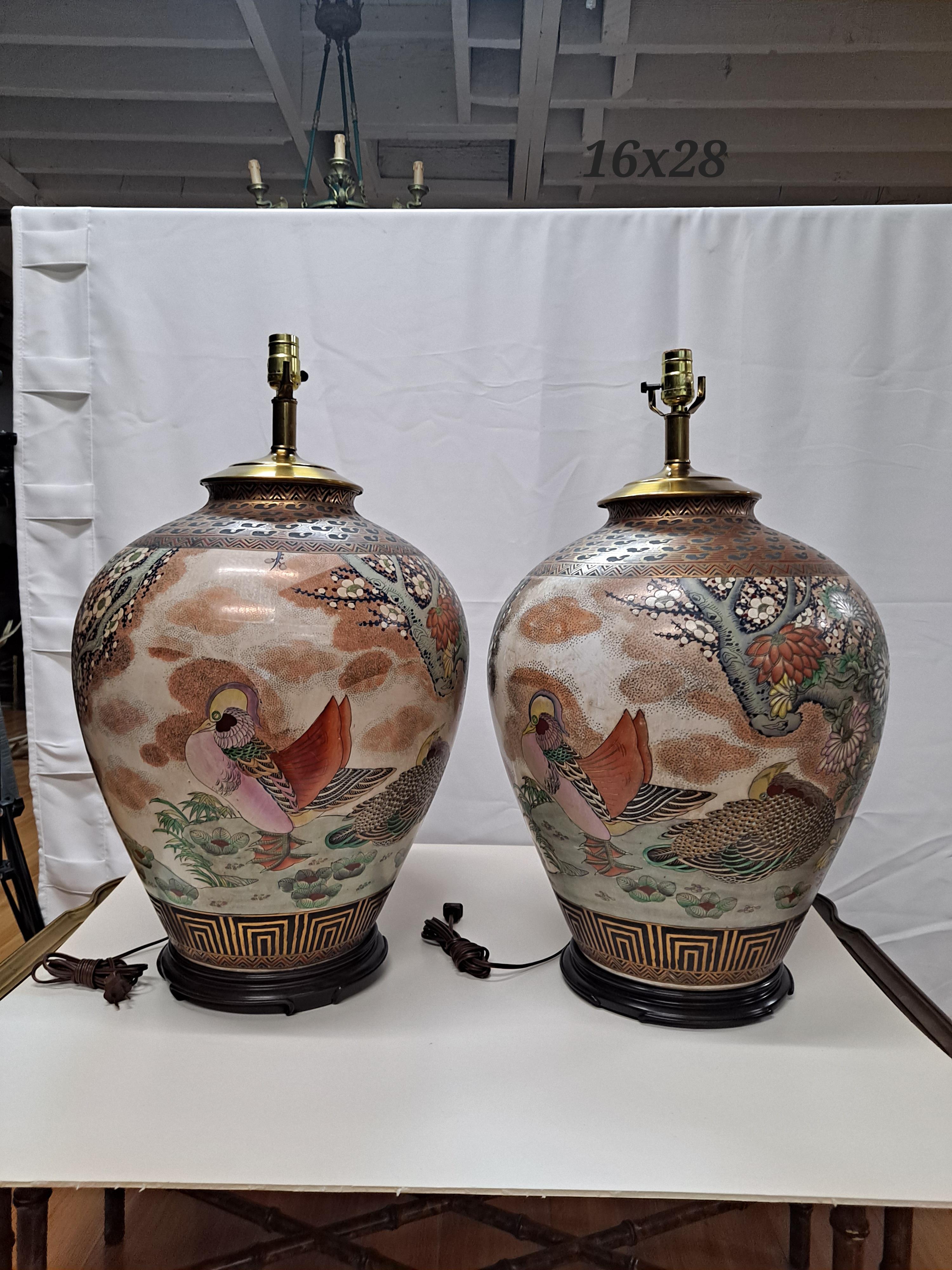 Pair of Satsuma Style Porcelain table lamps, hand painted In Good Condition For Sale In San Francisco, CA