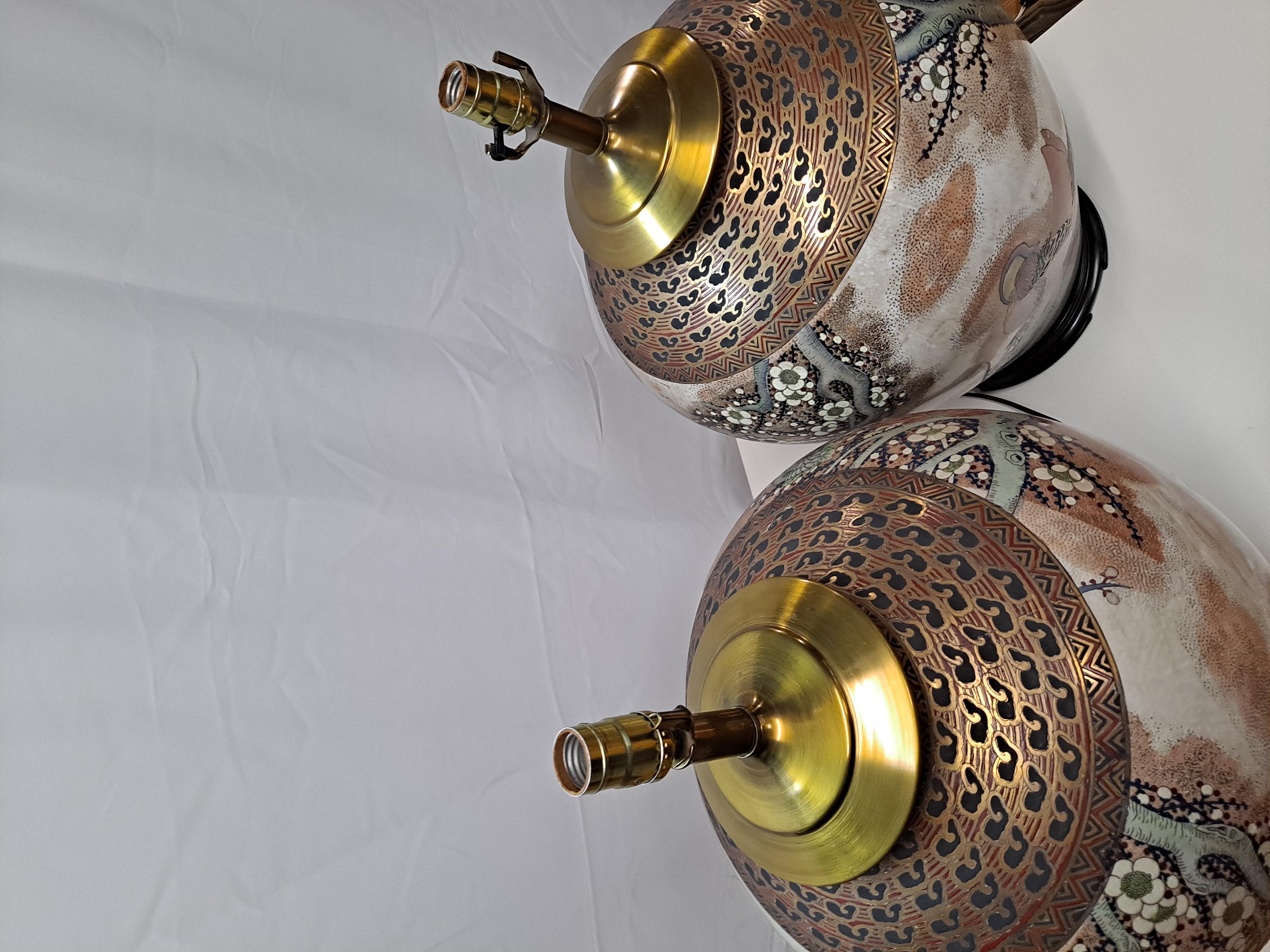 20th Century Pair of Satsuma Style Porcelain table lamps, hand painted For Sale