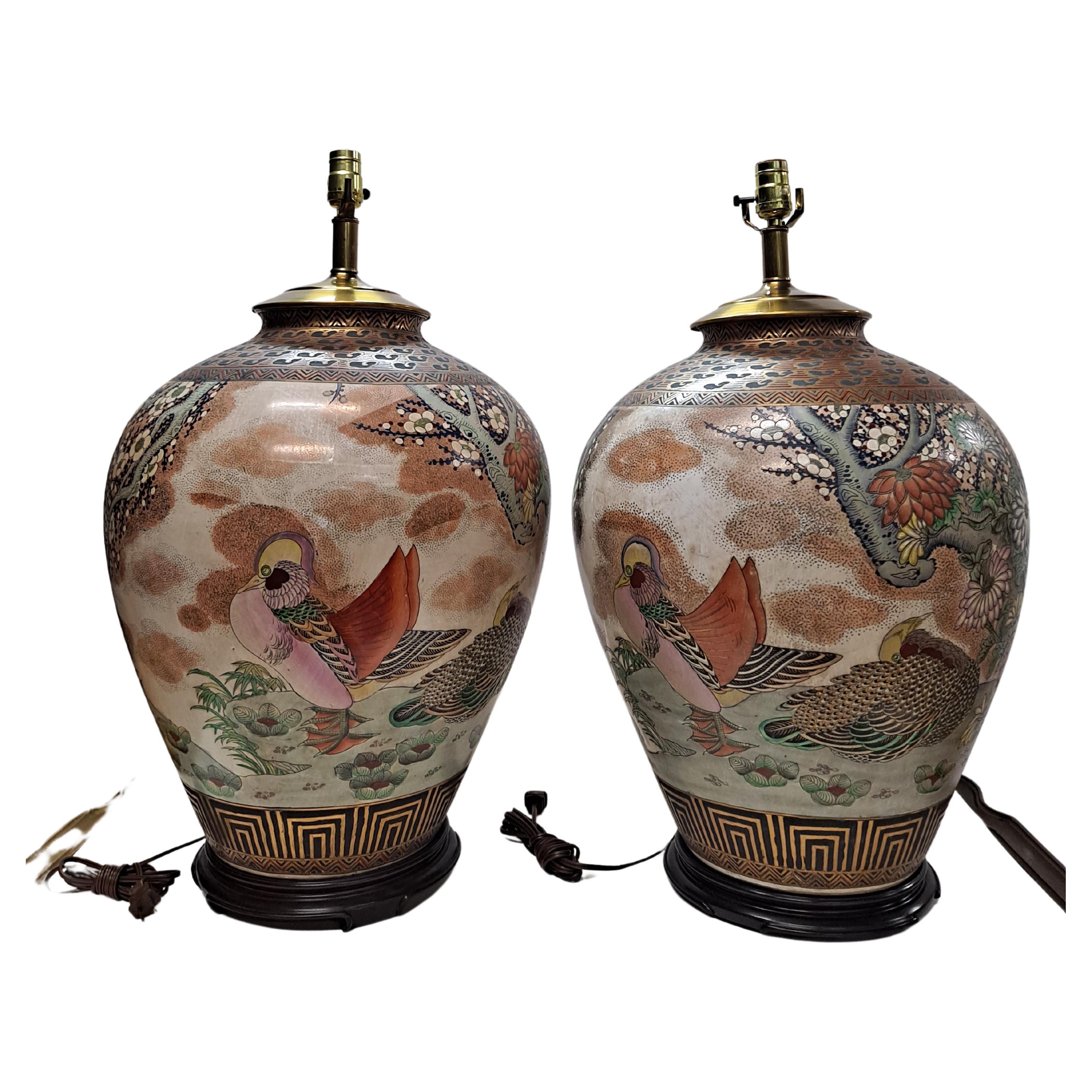 Pair of Satsuma Style Porcelain table lamps, hand painted For Sale