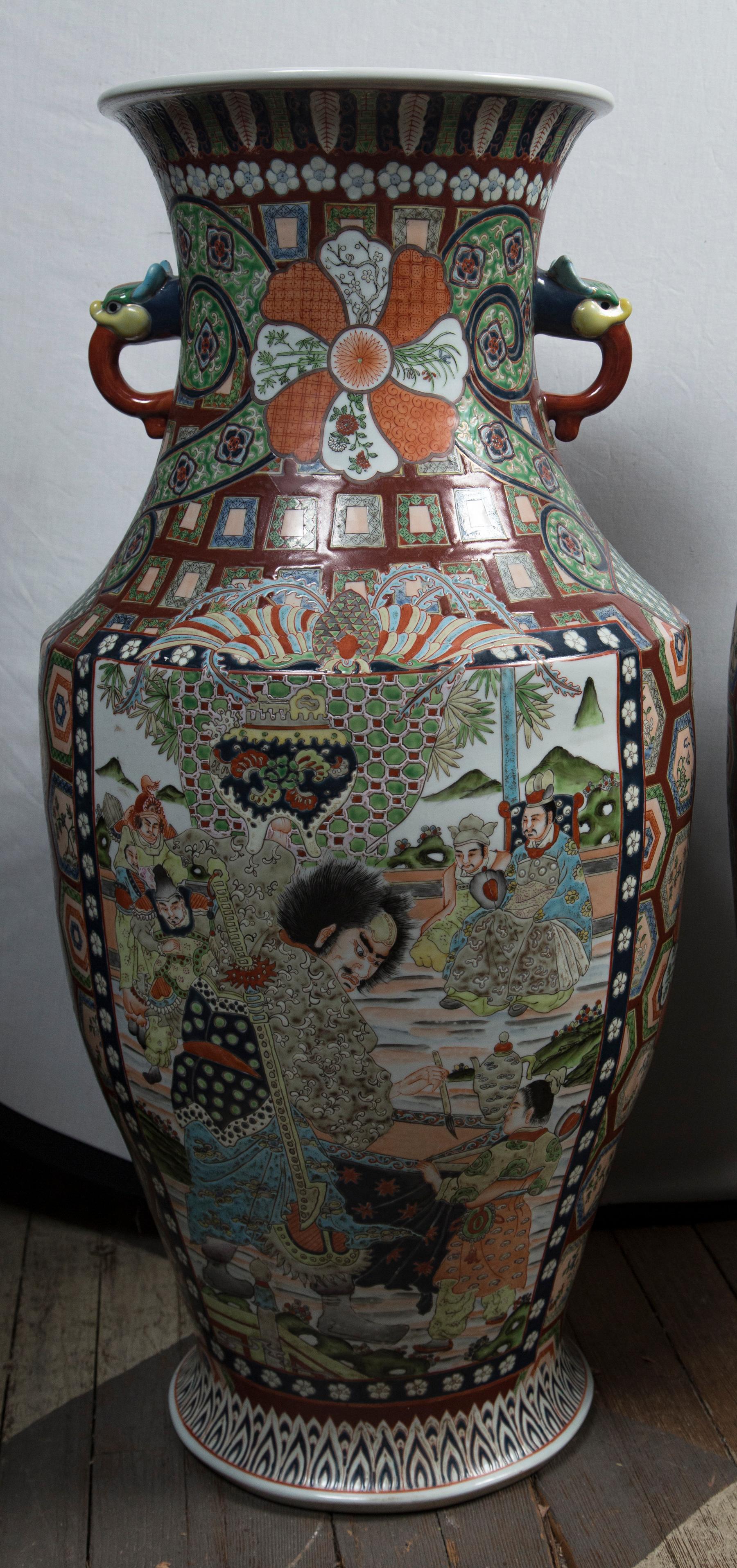 In typical satsuma design and colors. Bird head handles
Garden scenes, Courtyard, musician
Unmarked
Measures: Mouth is 11.5 in diameter
Base is 11 in diameter.