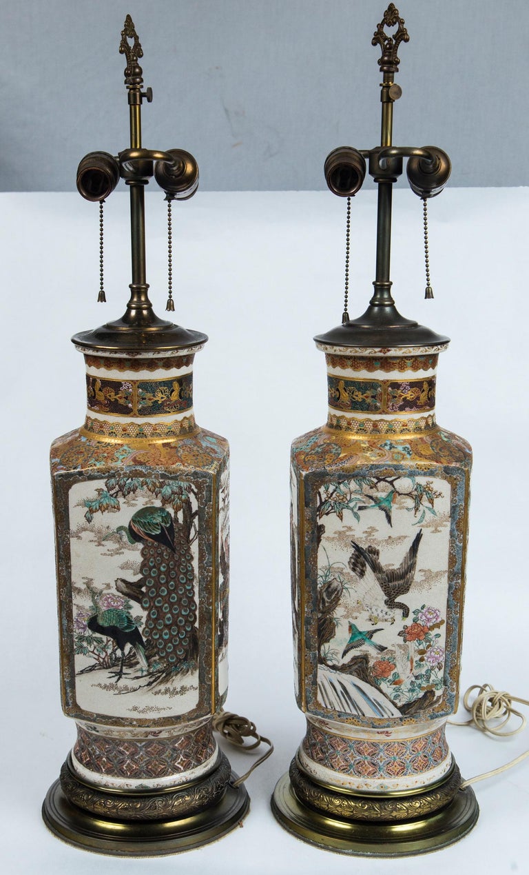 Hand-Painted Pair of Satsuma Vases, Mounted as Lamps For Sale