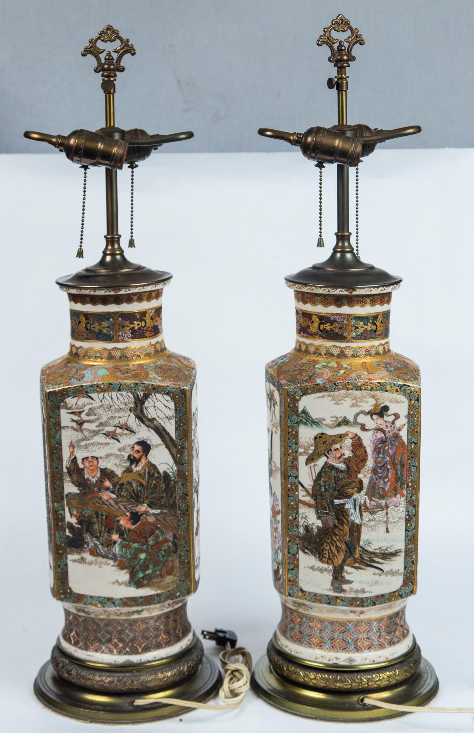 Pair of Satsuma Vases, Mounted as Lamps In Good Condition For Sale In Woodbury, CT
