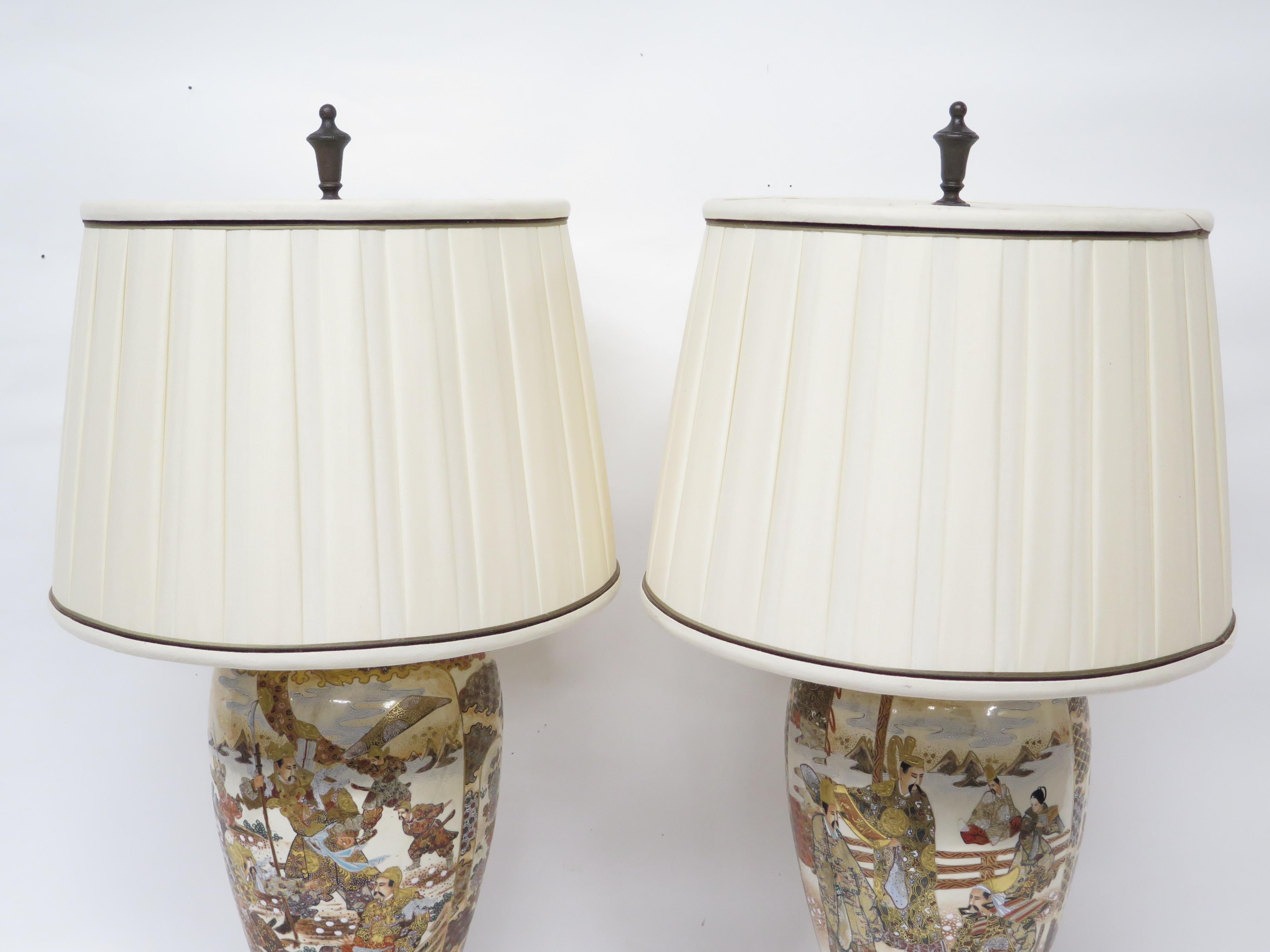 Hand-Painted Pair of Satsuma Vases on later Bronze Bases as Lamps For Sale