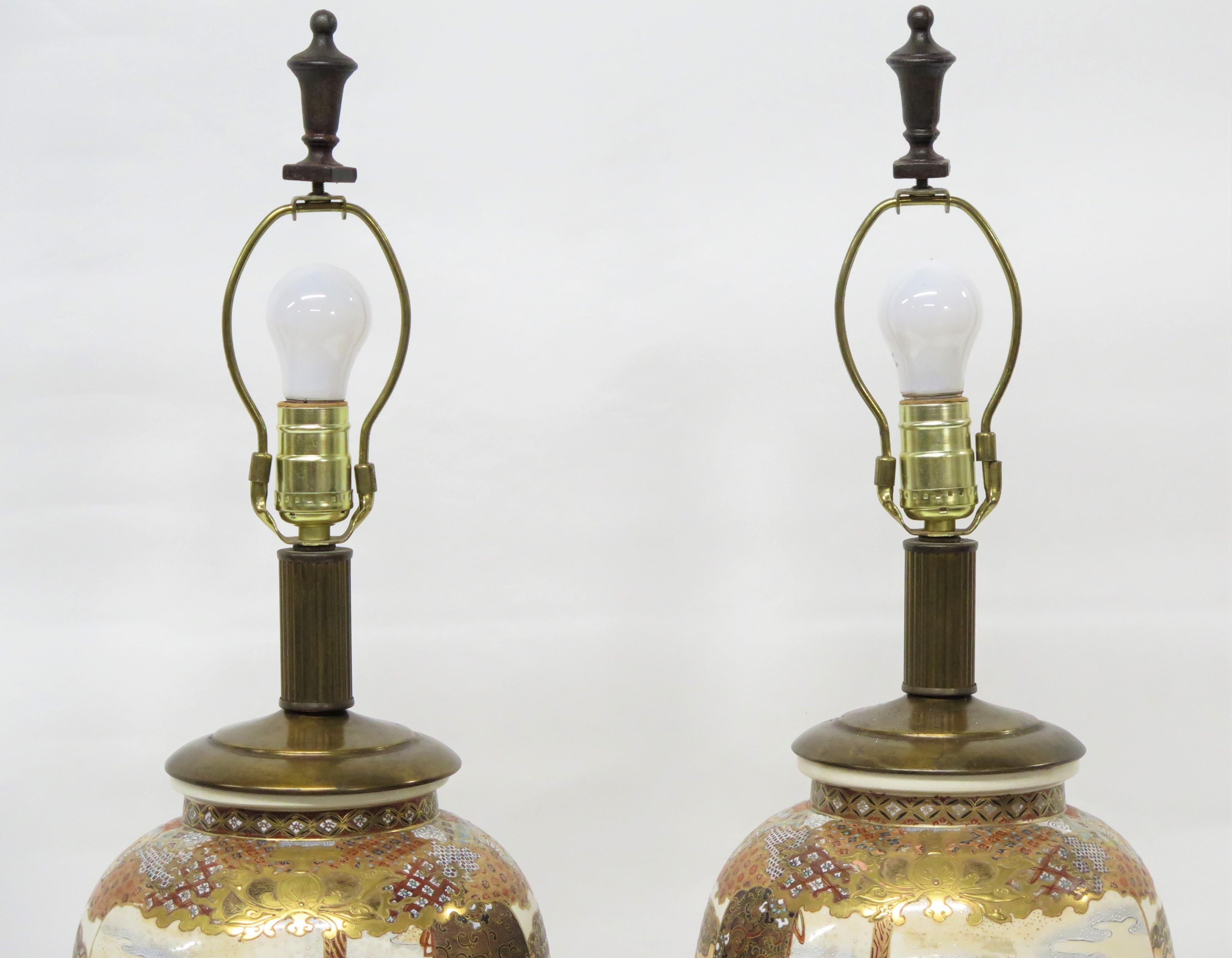 Pair of Satsuma Vases on later Bronze Bases as Lamps In Good Condition For Sale In Dallas, TX
