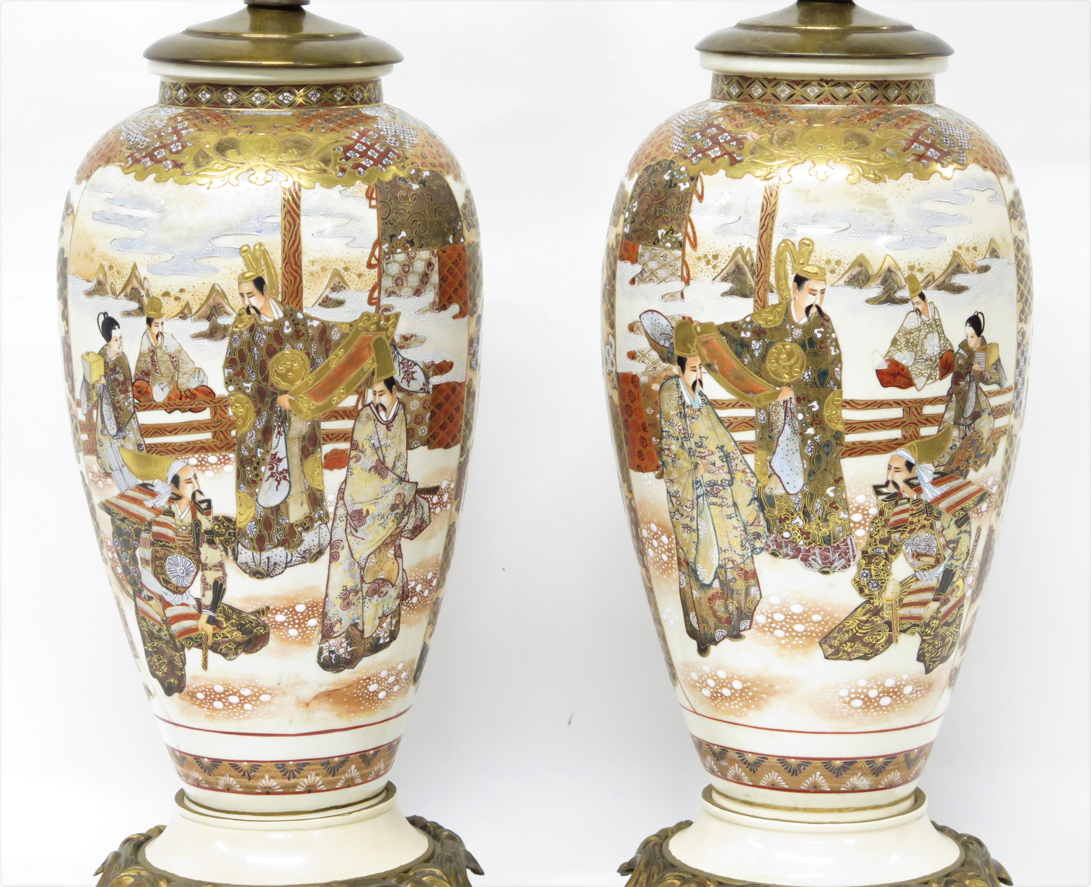 20th Century Pair of Satsuma Vases on later Bronze Bases as Lamps For Sale