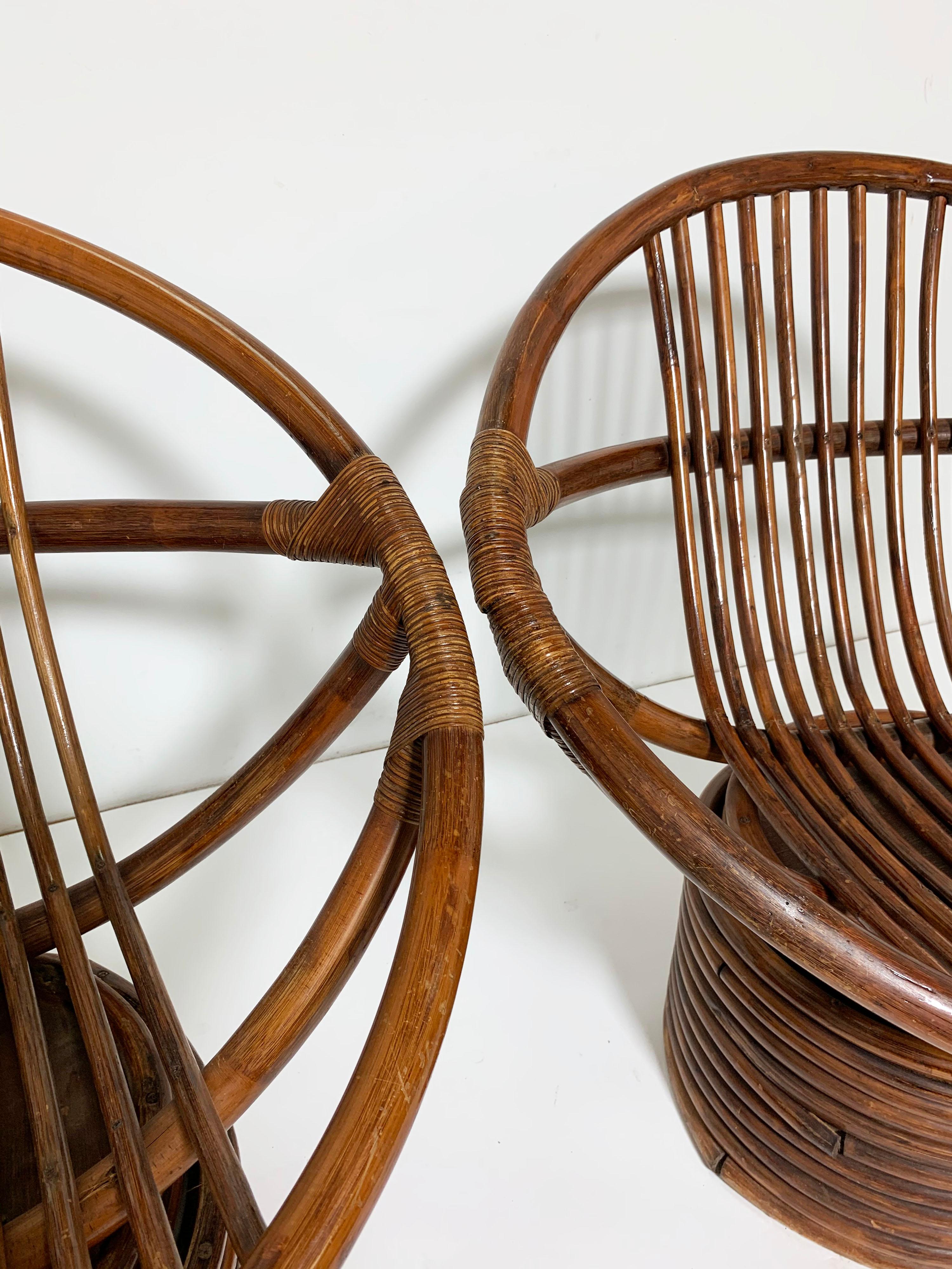 Pair of Saucer Form Swivel Lounge Rattan Chairs, circa 1960s 2