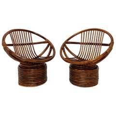 Vintage Pair of Saucer Form Swivel Lounge Rattan Chairs, circa 1960s