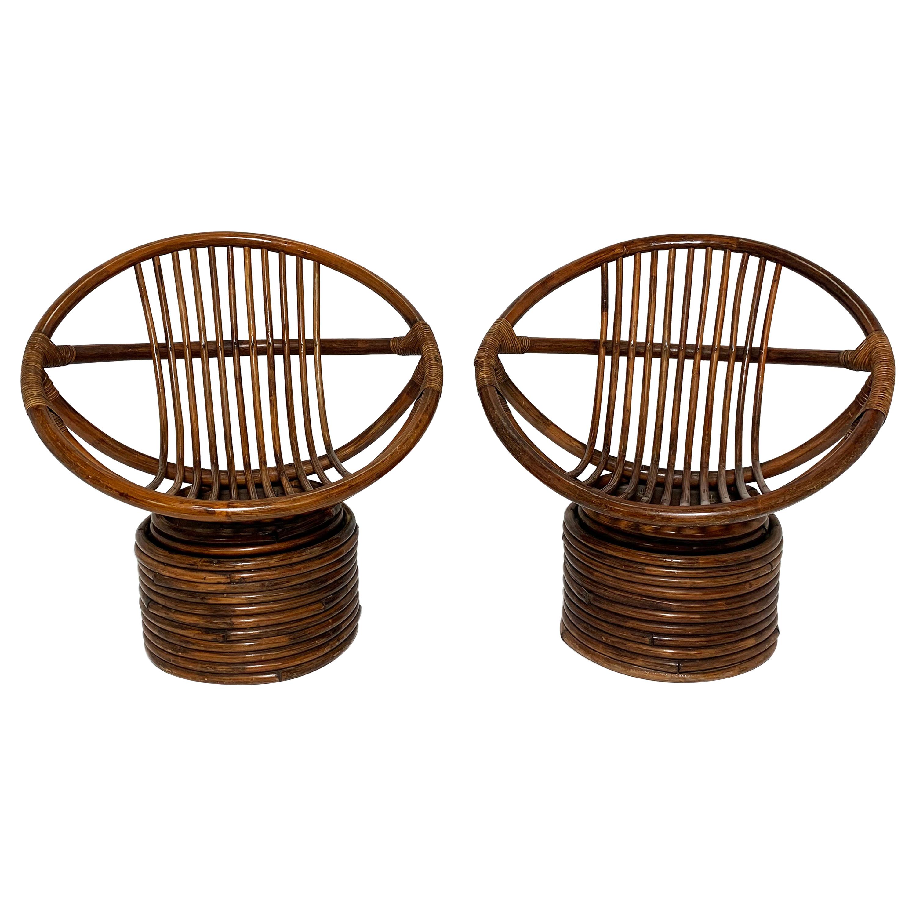 Pair of Saucer Form Swivel Lounge Rattan Chairs, circa 1960s