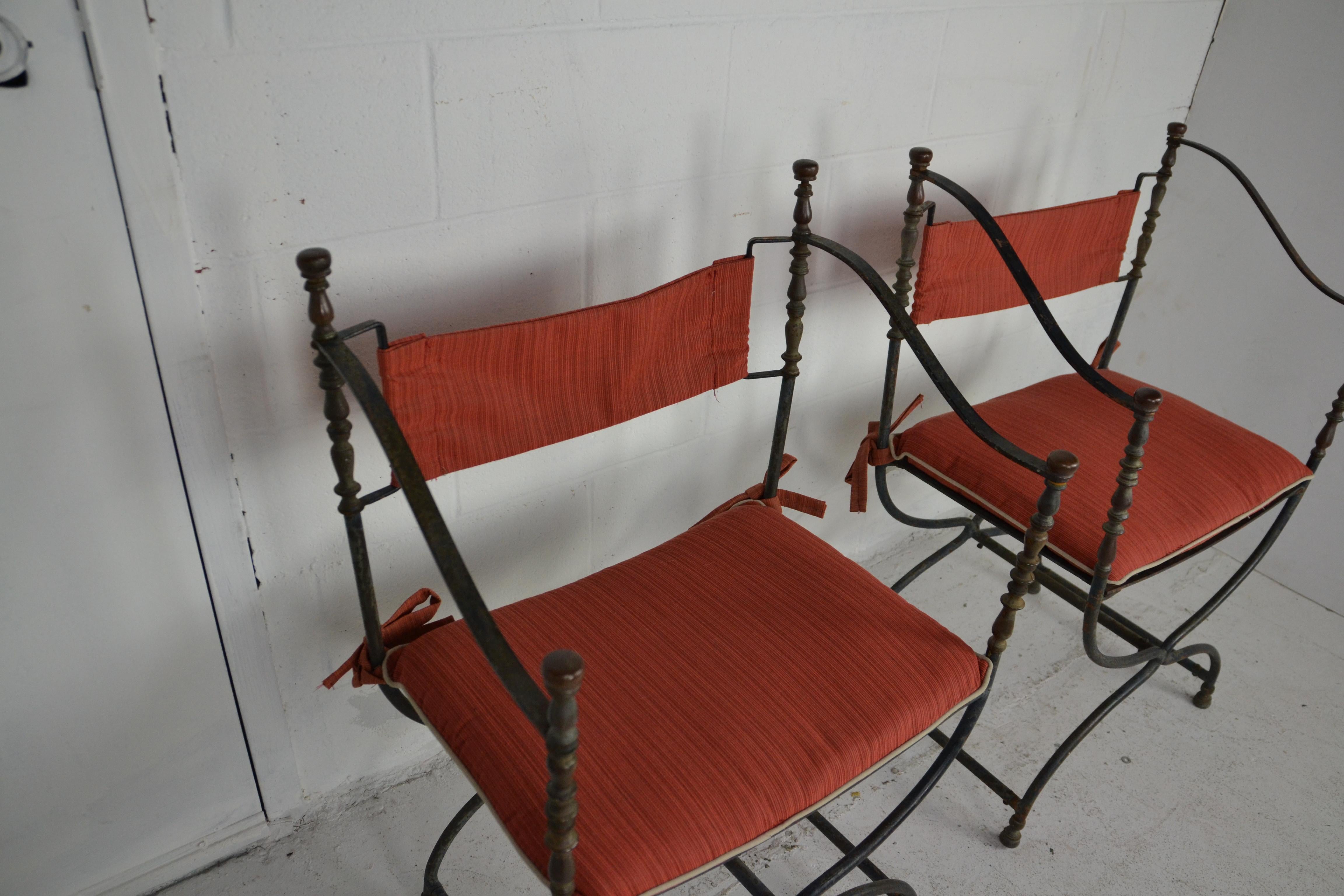 Italian Pair of Savonarola Iron and Brass Chairs