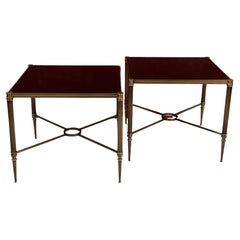 Pair of Savoy Hotel Bronze End Tables with Black Glass Tops