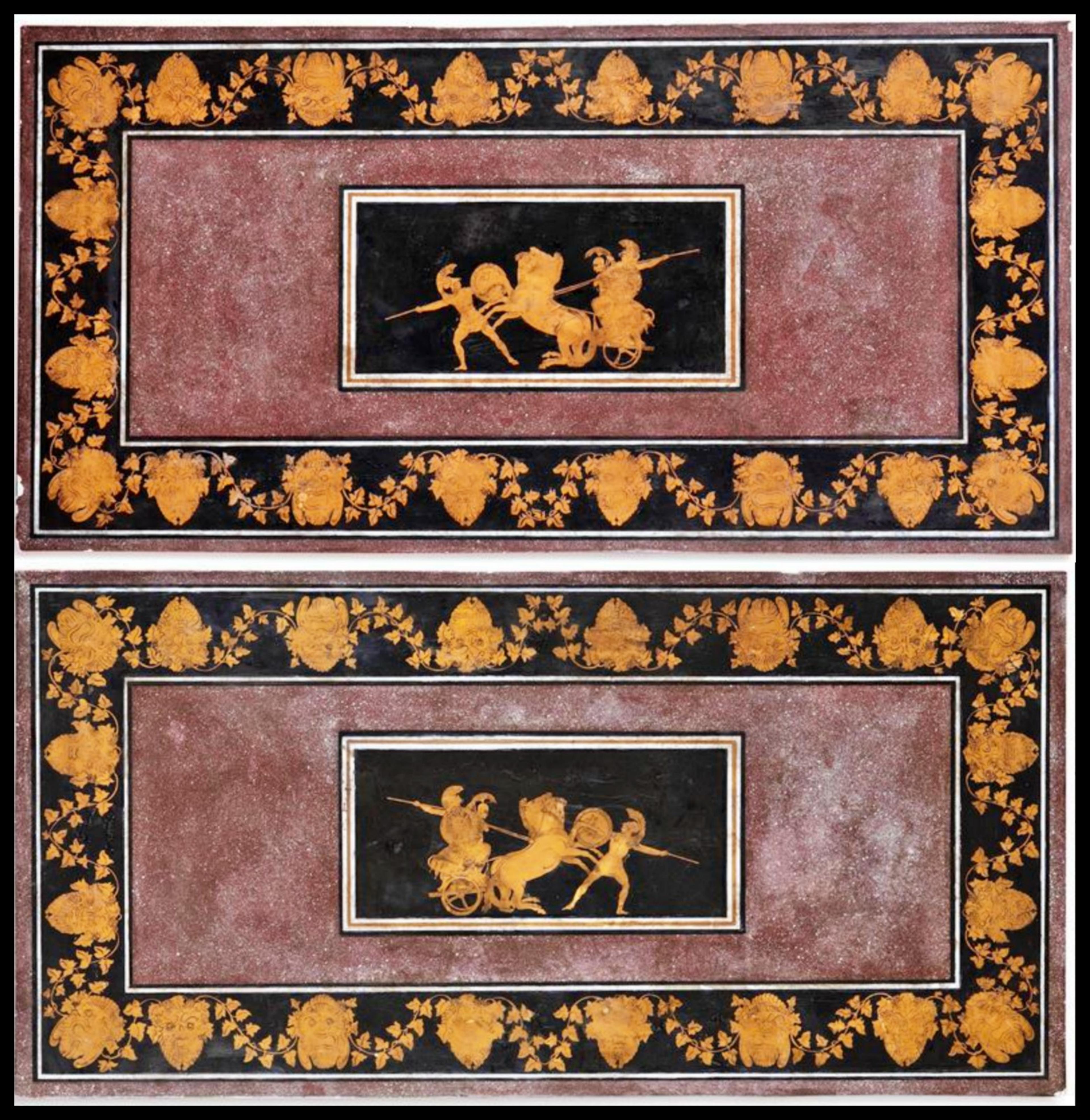 Pair of Scagliola Tops, Italian manufacture, Naples, 18th century
rectangular in shape

130X65X4.5cm
Reserves in yellow and black on a porphyry background
good conditions