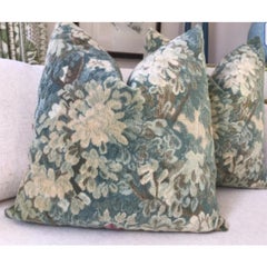 Pair of Scalamandre “Marly” Cut and Uncut Blue Green Verdure Velvet Pillows