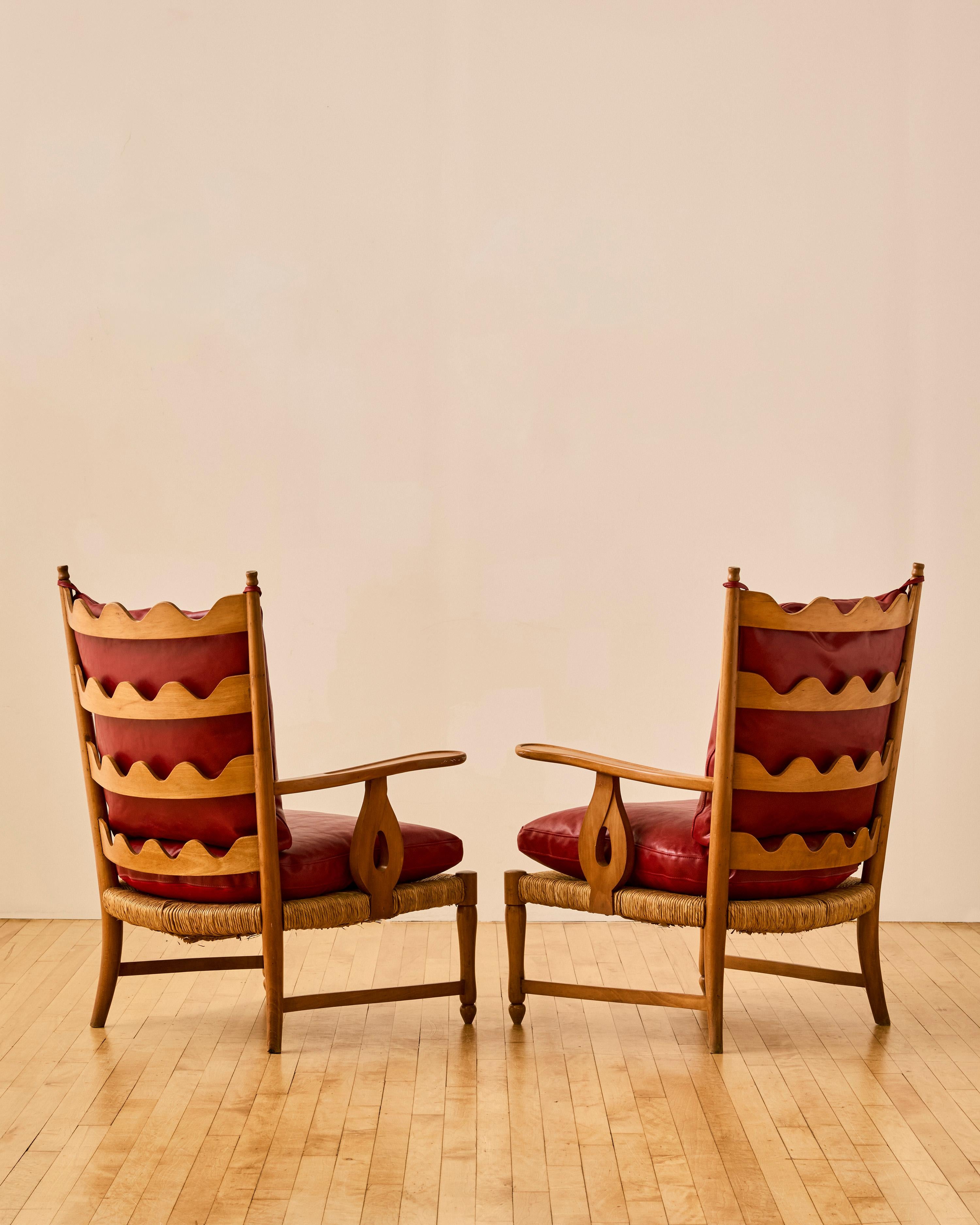 Leather Pair of Scallop Back Armchairs by Paulo Buffa c. 1950 For Sale