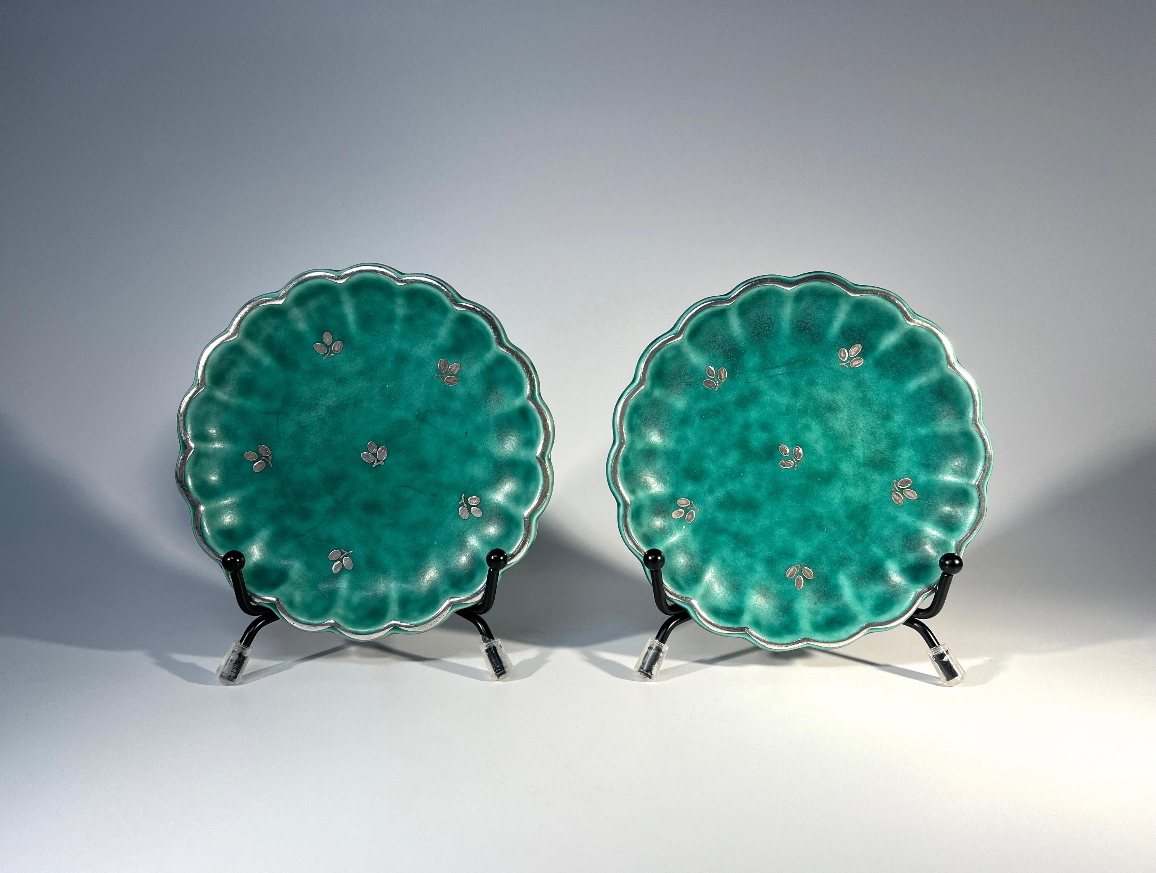 Art Deco Pair Of Scalloped, Applied Silver Pin Trays, Wilhelm Kage, Argenta, Gustavsberg For Sale