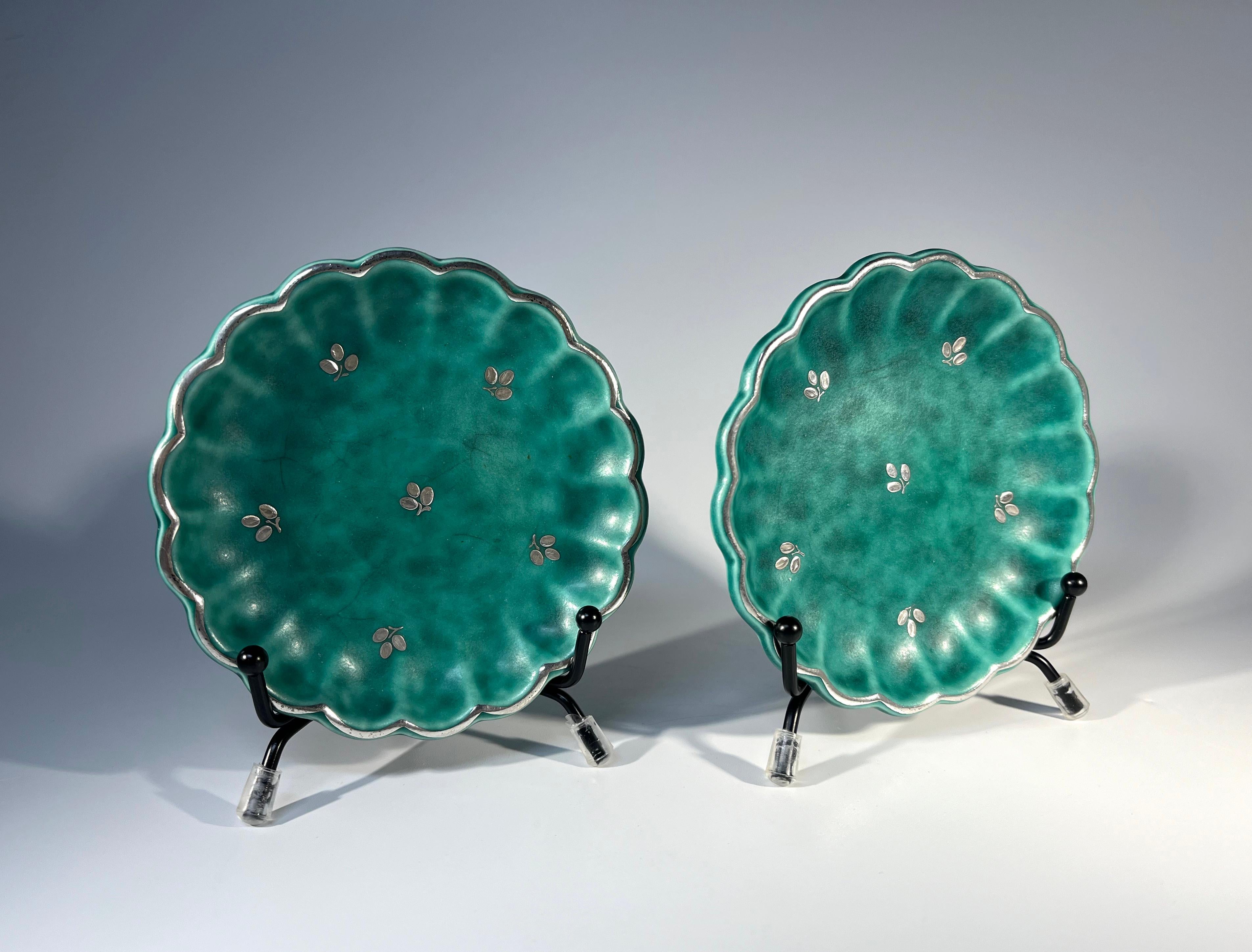 Glazed Pair Of Scalloped, Applied Silver Pin Trays, Wilhelm Kage, Argenta, Gustavsberg For Sale