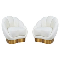 Pair of Scalloped Back Lounge Chairs w/Brass Bases
